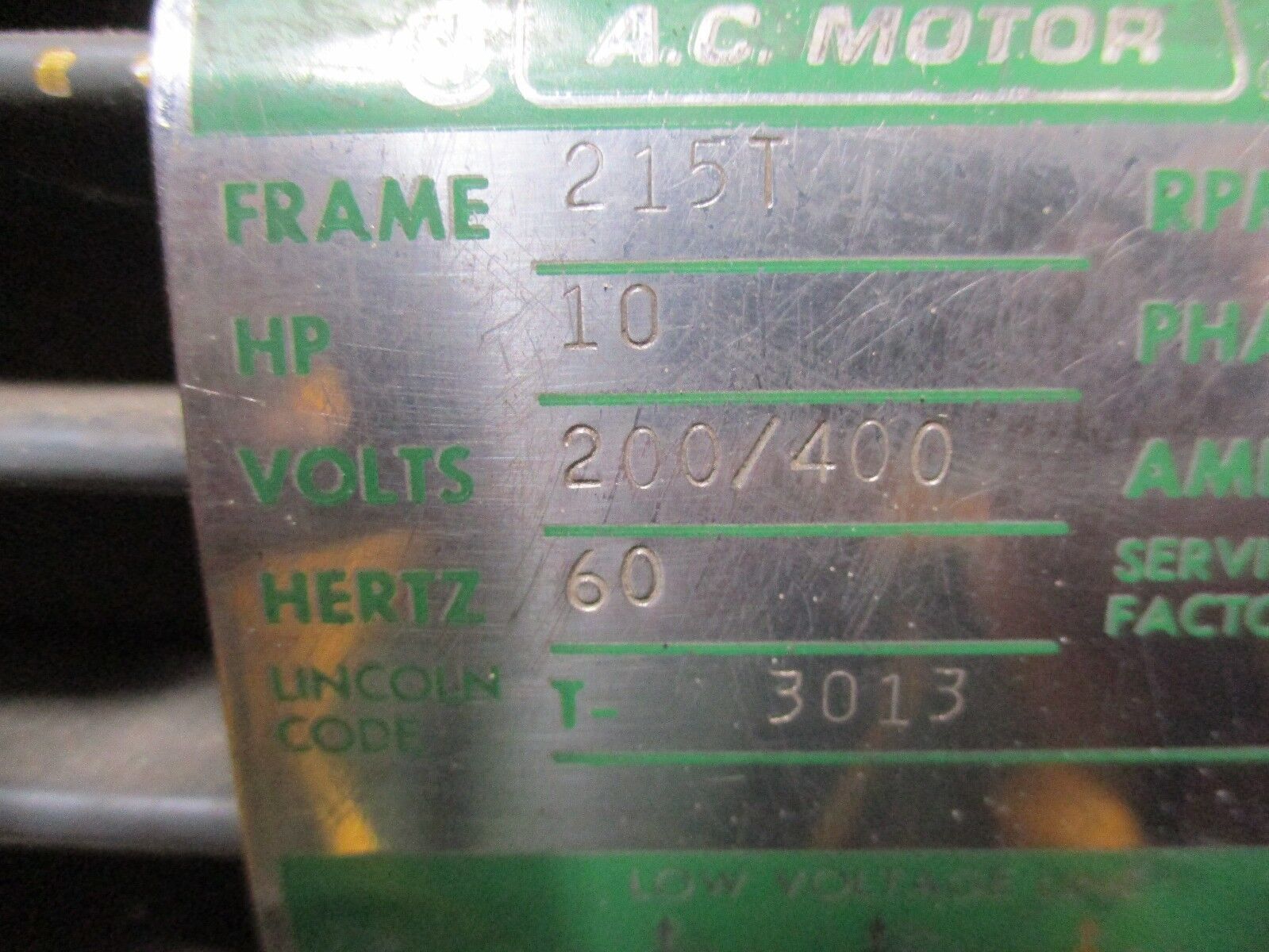 Lincoln Motor AC Motor 10HP 1745RPM FR:215T Encl:TEFC 200/400V 30/15A Used