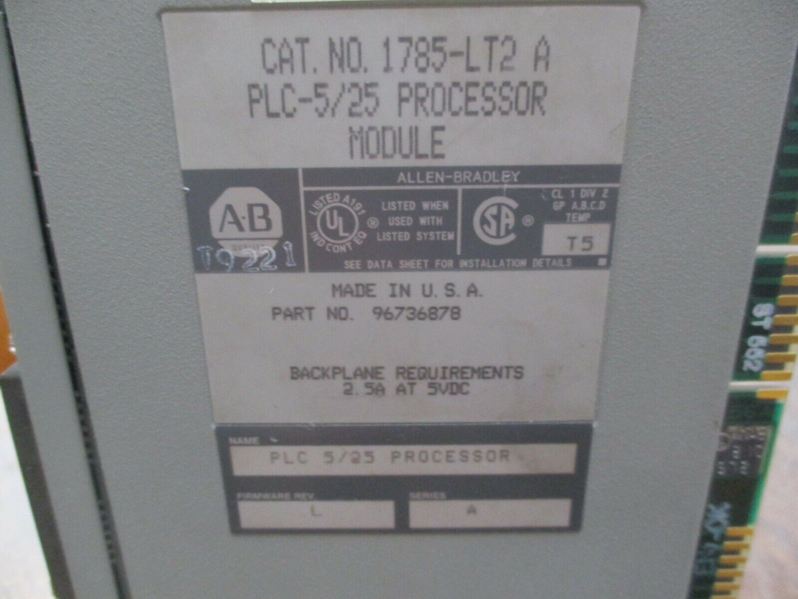 Allen-Bradley PLC-5/25 Processor Module 1785-LT2 A Ser. A F/W Rev. L Used