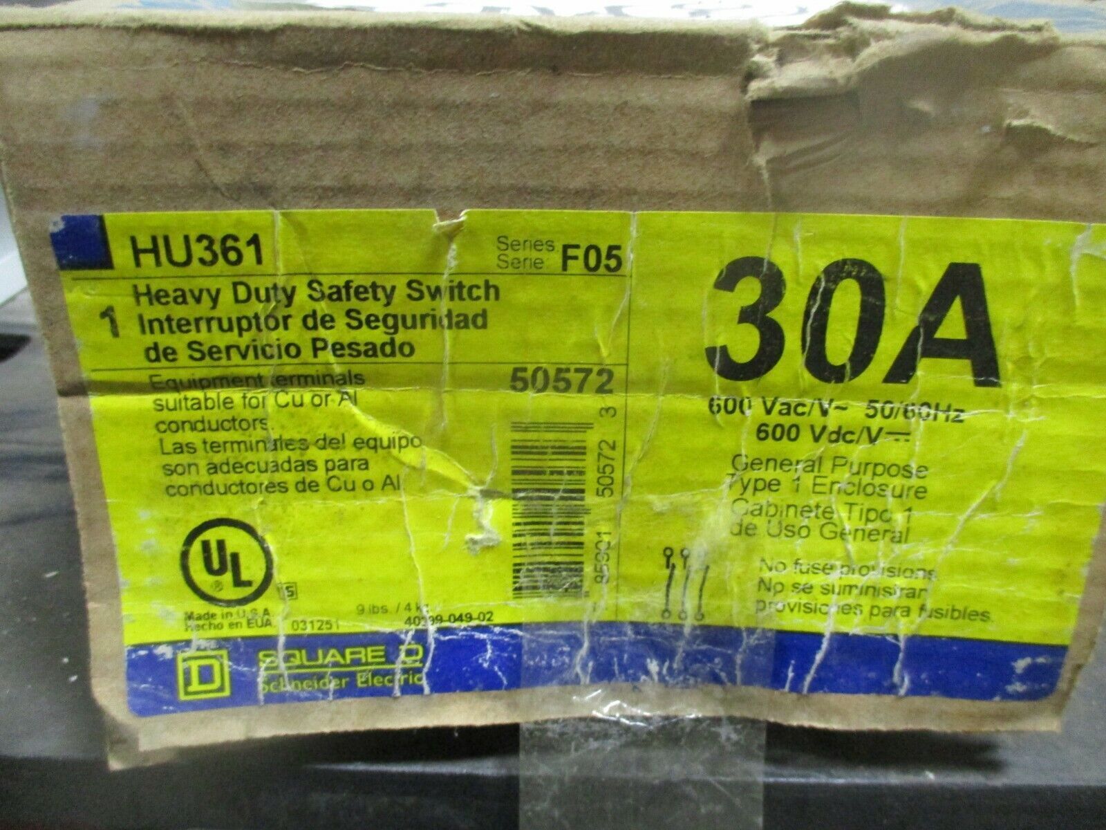 Square D Non-Fusible Safety Switch HU361 30A 600V New Surplus