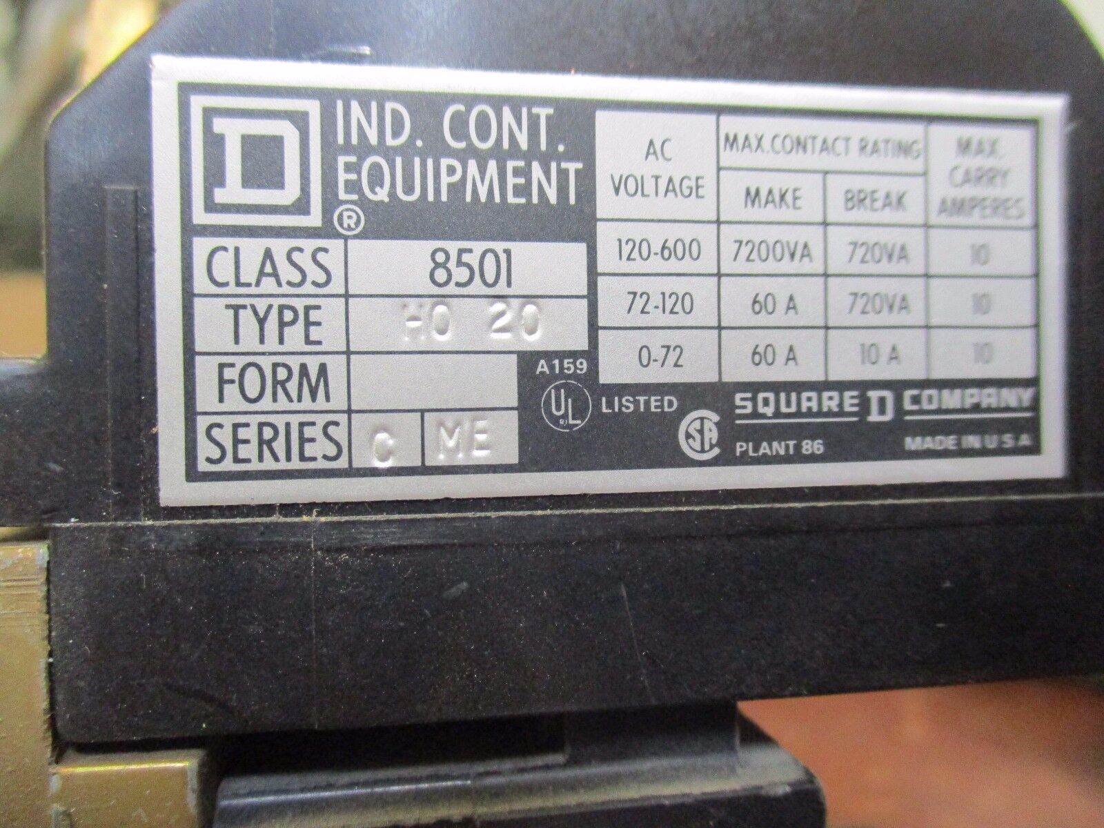 Square D Relay 8501 H0 20 10A 277V Coil Used