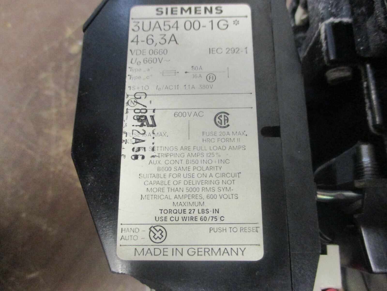 Siemens Size 1 Starter 3TB4417-0A/3UA54 00-1G* 120V Coil Trip: 4-6.3A Used