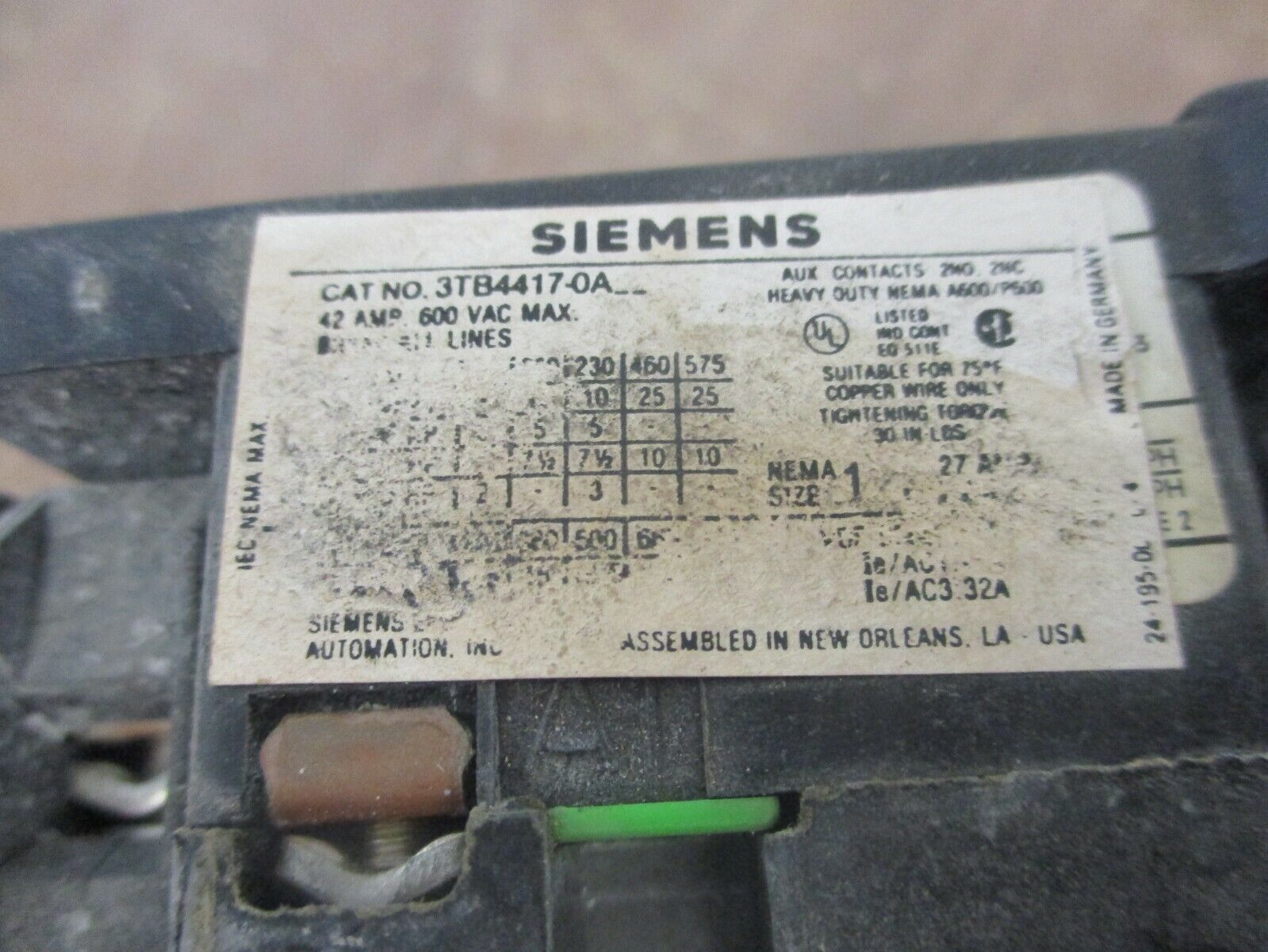 Siemens Size 1 Starter 3TB4417-0A/3UA54 00-1G* 120V Coil Trip: 4-6.3A Used