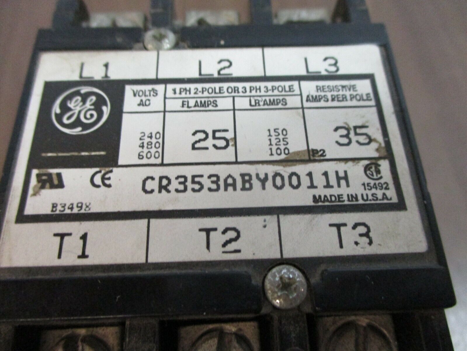 GE Contactor CR353ABY0011H 24V Coil 25A 600V Used
