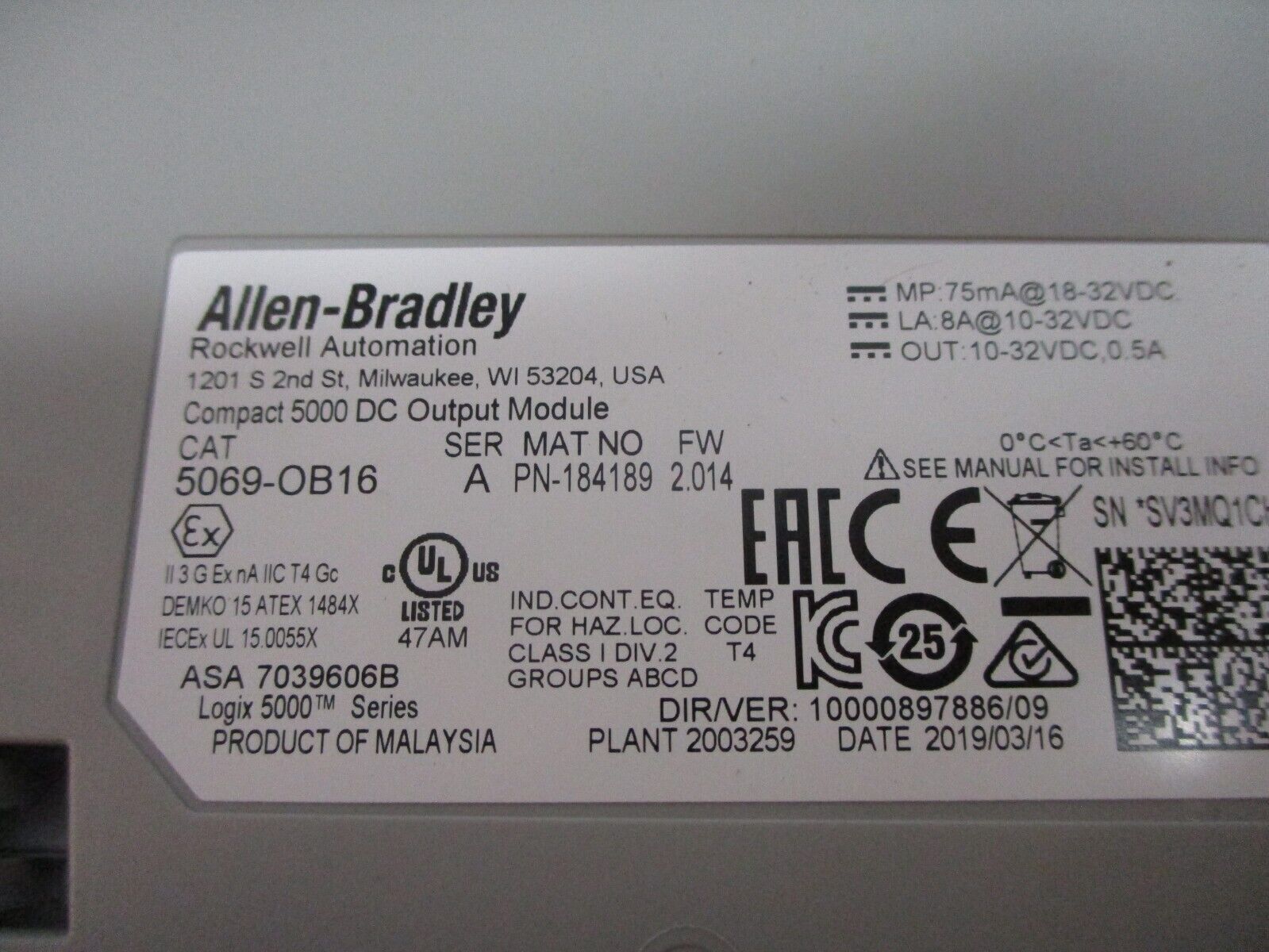 Allen-Bradley Compact 5000 DC Output Module 5069-OB16 Ser. A F/W: 2.014 Used