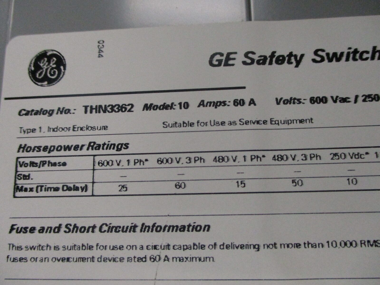 GE Non-fused Safety Switch THN3362 60A 600V 3P 3W Used