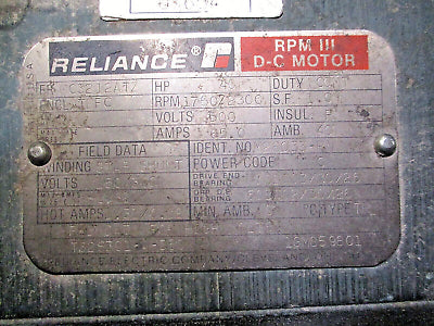 Reliance DC Motor 40HP 1800/2400RPM 500V 65A Used