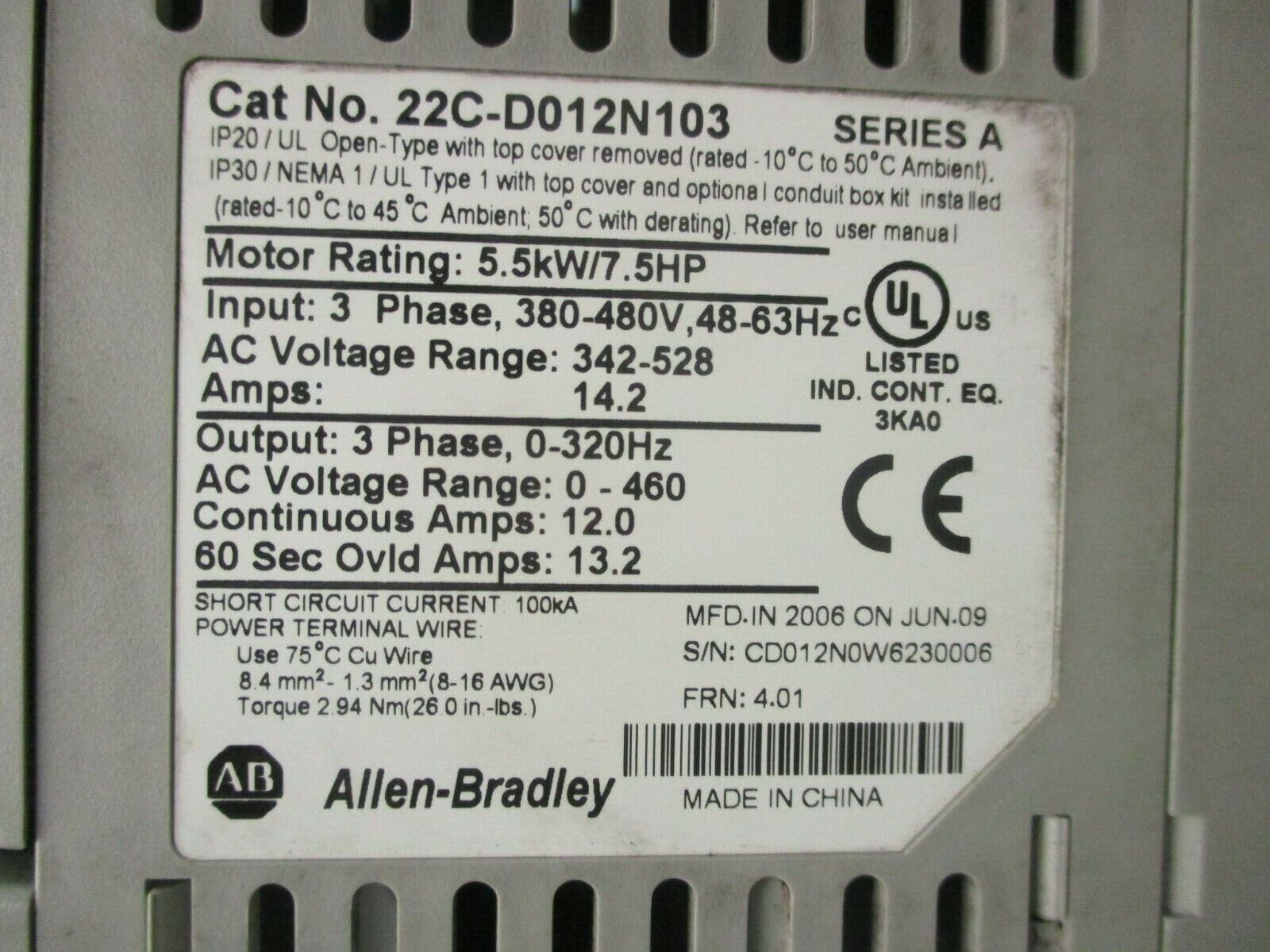 Allen-Bradley PowerFlex 400 AC Drive w/ Bypass 23C-D012A103NNBANN 7.5HP 3Ph Used