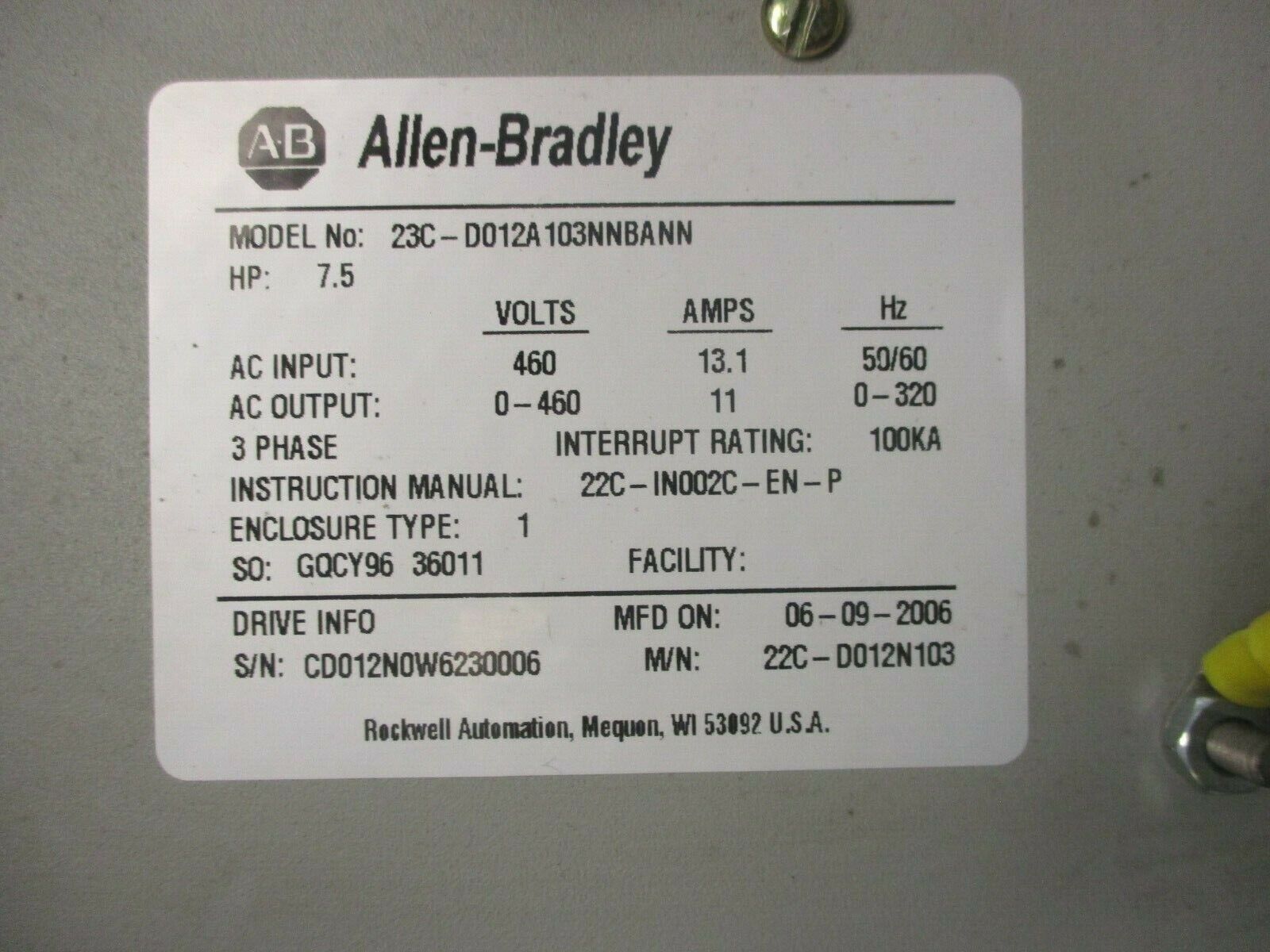 Allen-Bradley PowerFlex 400 AC Drive w/ Bypass 23C-D012A103NNBANN 7.5HP 3Ph Used