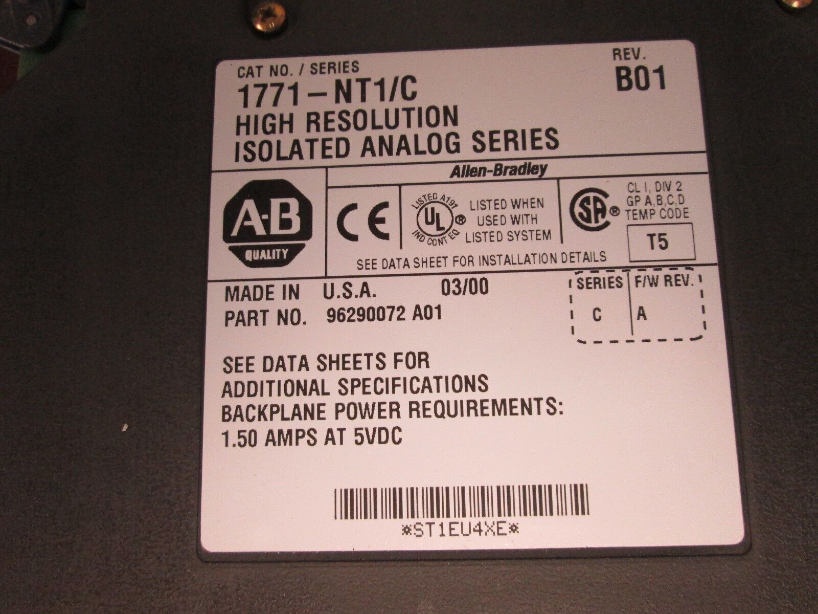 Allen-Bradley High Resolution Isolated Analog Series 1771-NT1/C Series C Used