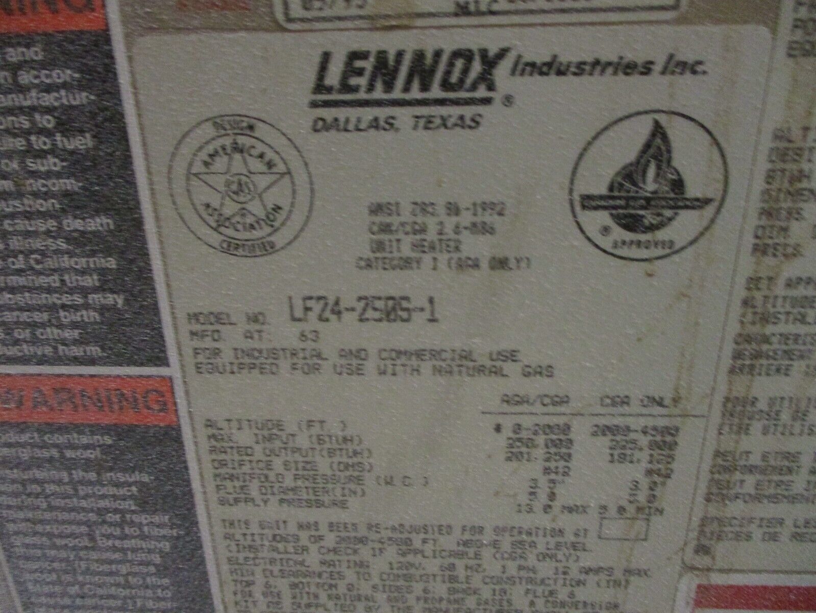 Lennox Natural Gas Heater LF24-250S-1 250,000 BTU Input, 201,250 BTU Output 120V
