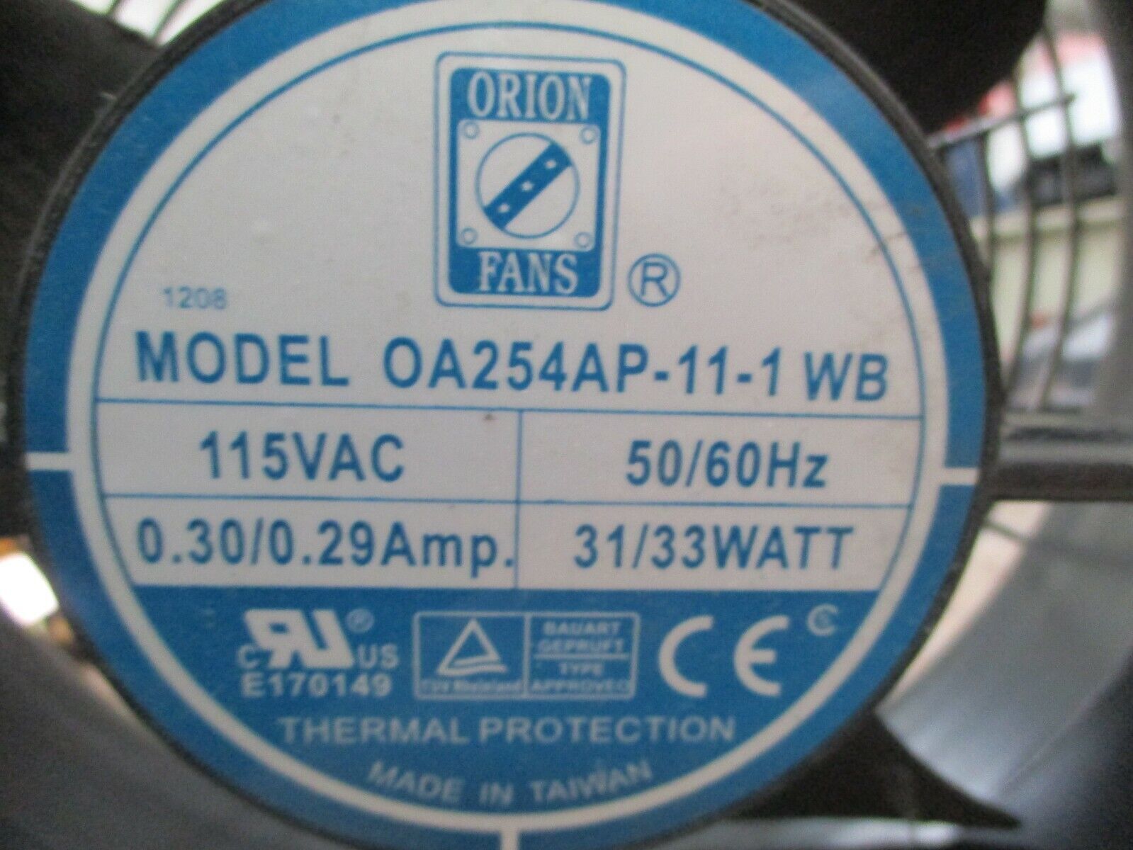 Orion Fan OA254AP-11-1WB 115V 50/60Hz 0.30/0.29A 31/33W Used