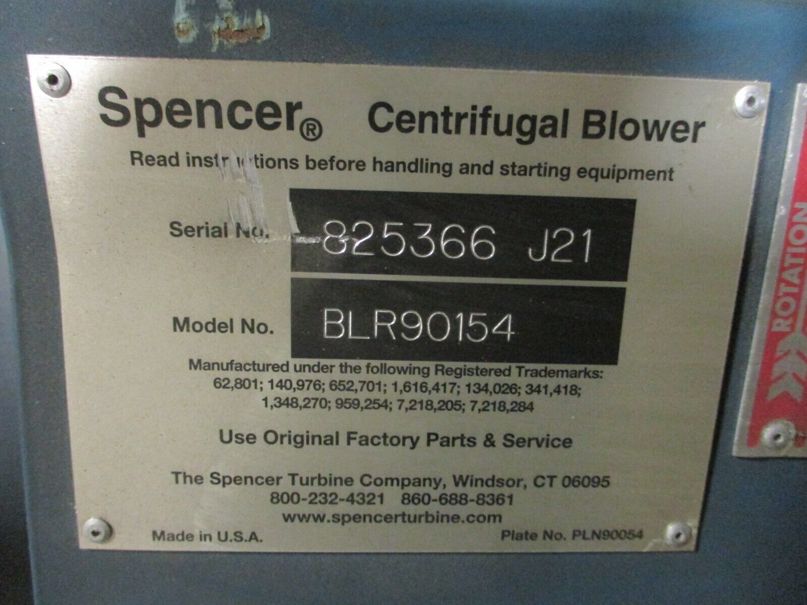 Spencer Centrifugal Blower BLR90154 30HP 208-230/460V 3600RPM New Surplus