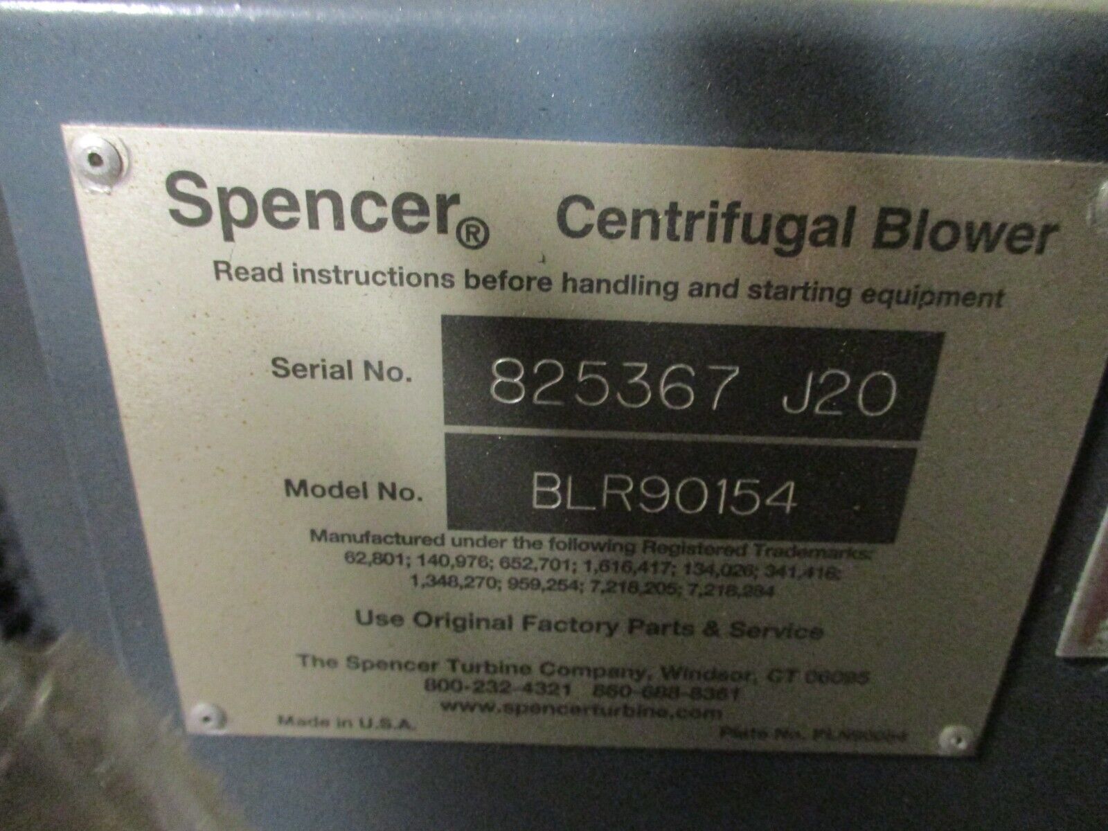 Spencer Centrifugal Blower BLR90154 30HP 3600RPM 208-230/460V New Surplus