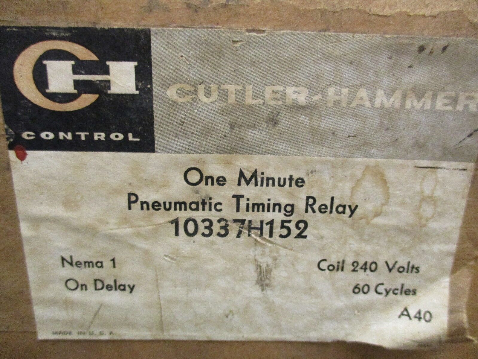 Cutler-Hammer Pneumatic Timing Relay 10337H152 240V Coil One Minute Nema 1