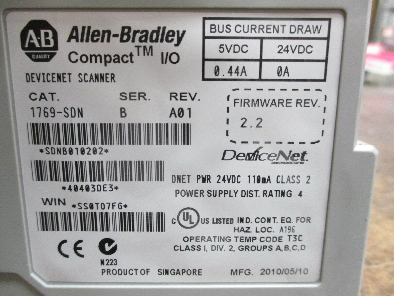 Allen-Bradley Compact I/O Devicenet Scanner 1769-SDN Ser. B Rev. A01 F/W Rev:2.2