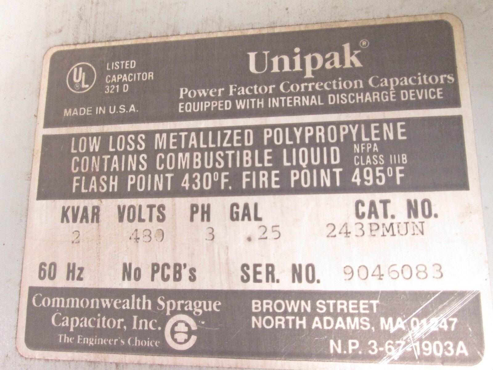 Unipak Power Factor Correction Capacitor 243PMUN 480V 2 KVAR 3Ph 60Hz Used