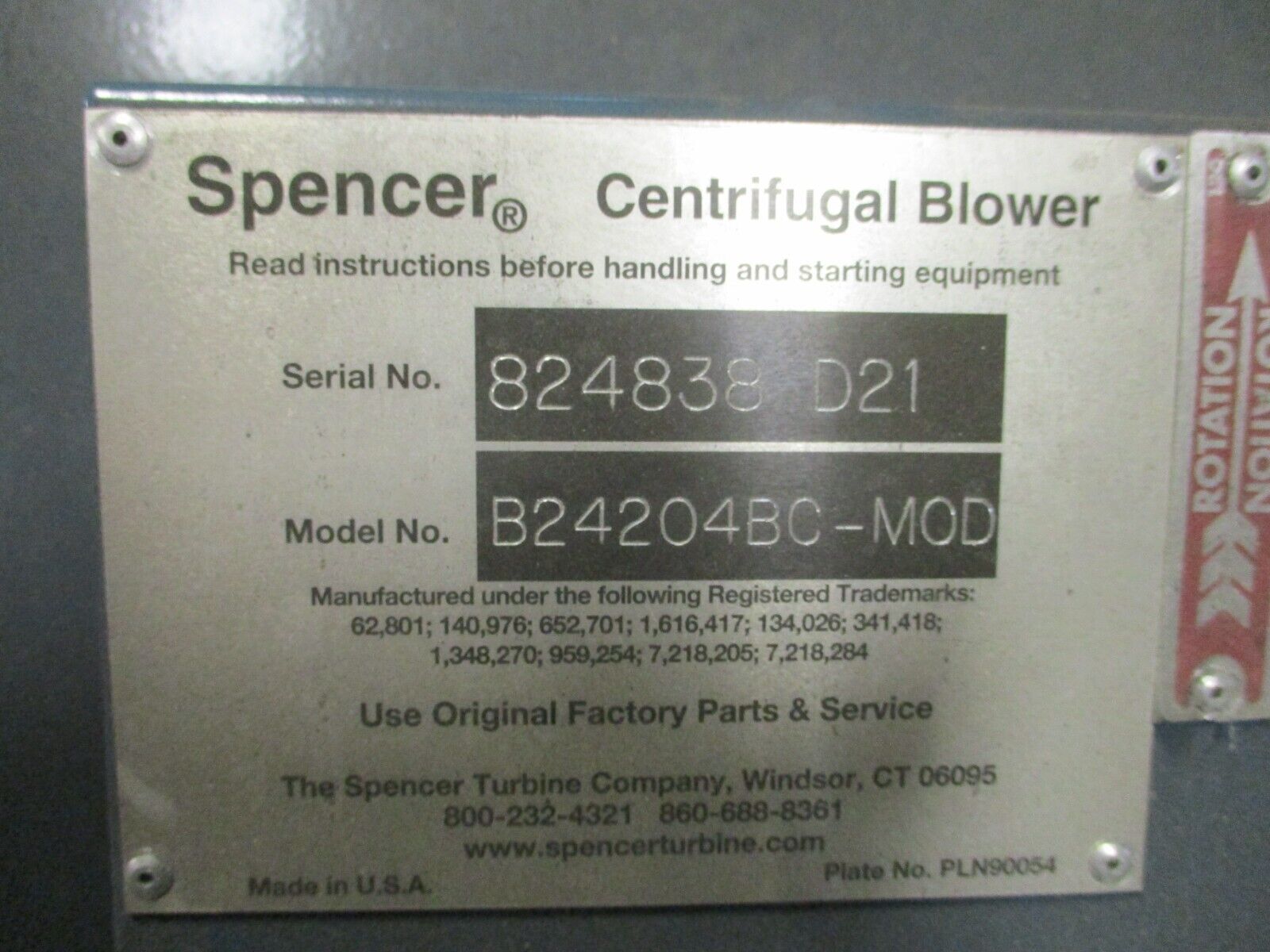 Spencer Centrifugal Blower B24204BC-MOD 50HP 3600RPM 230/460V New Surplus
