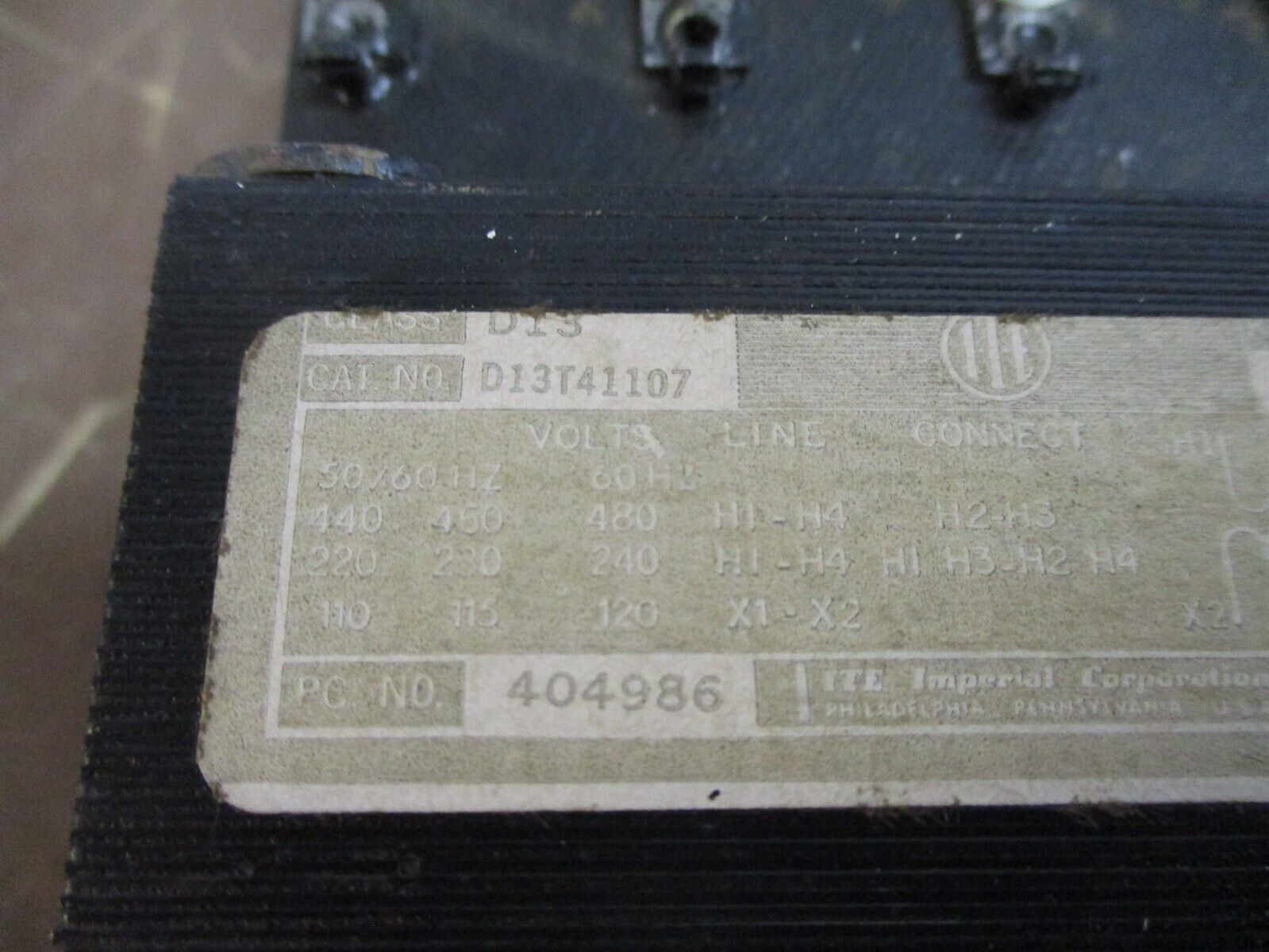 ITE Transformer D13T41107 0.075kVA Pri: 240/480V Sec: 120V Used