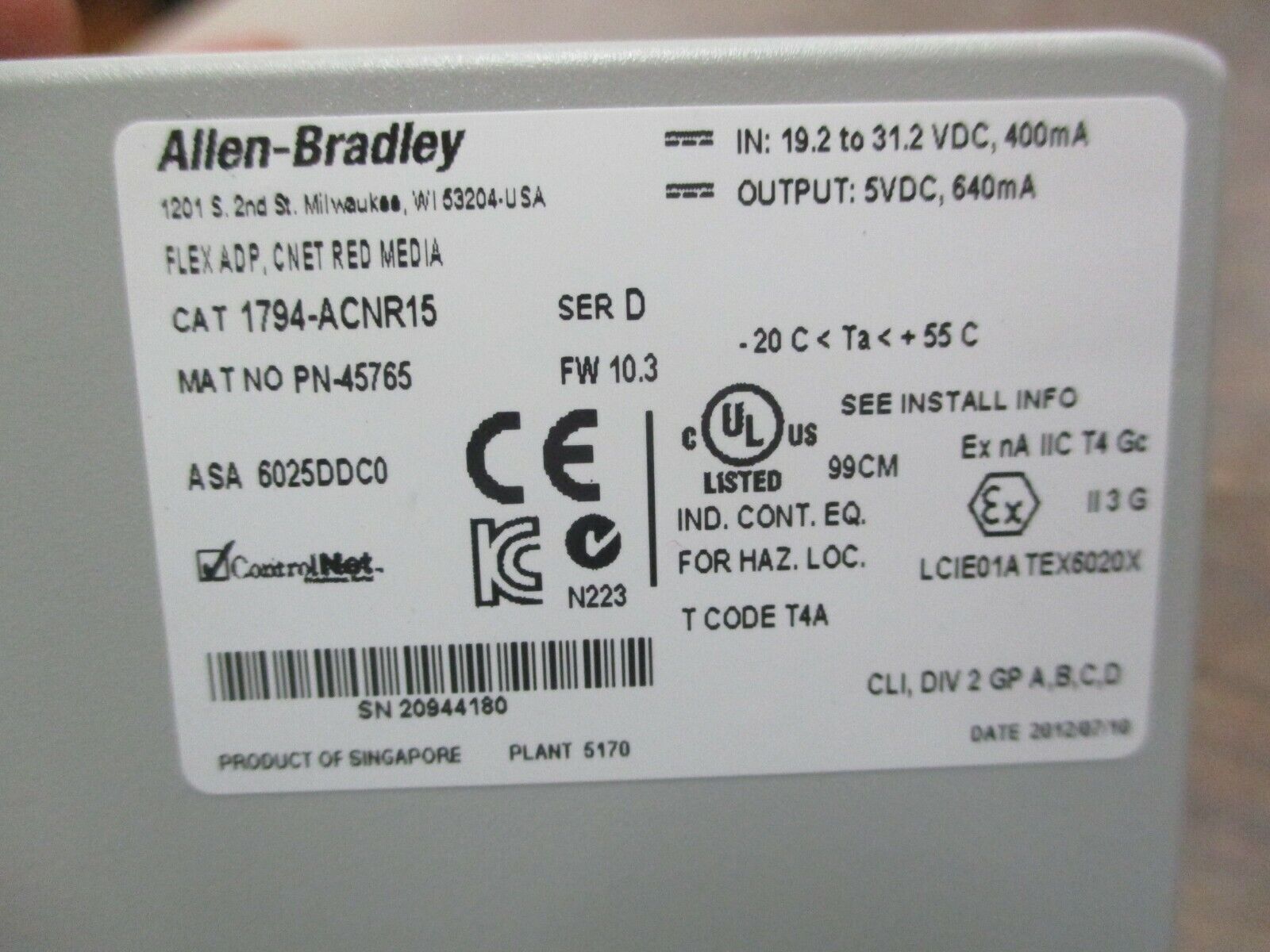 Allen-Bradley Flex I/O ControlNet Redundant Media Adapter 1794-ACNR15 Ser D Used