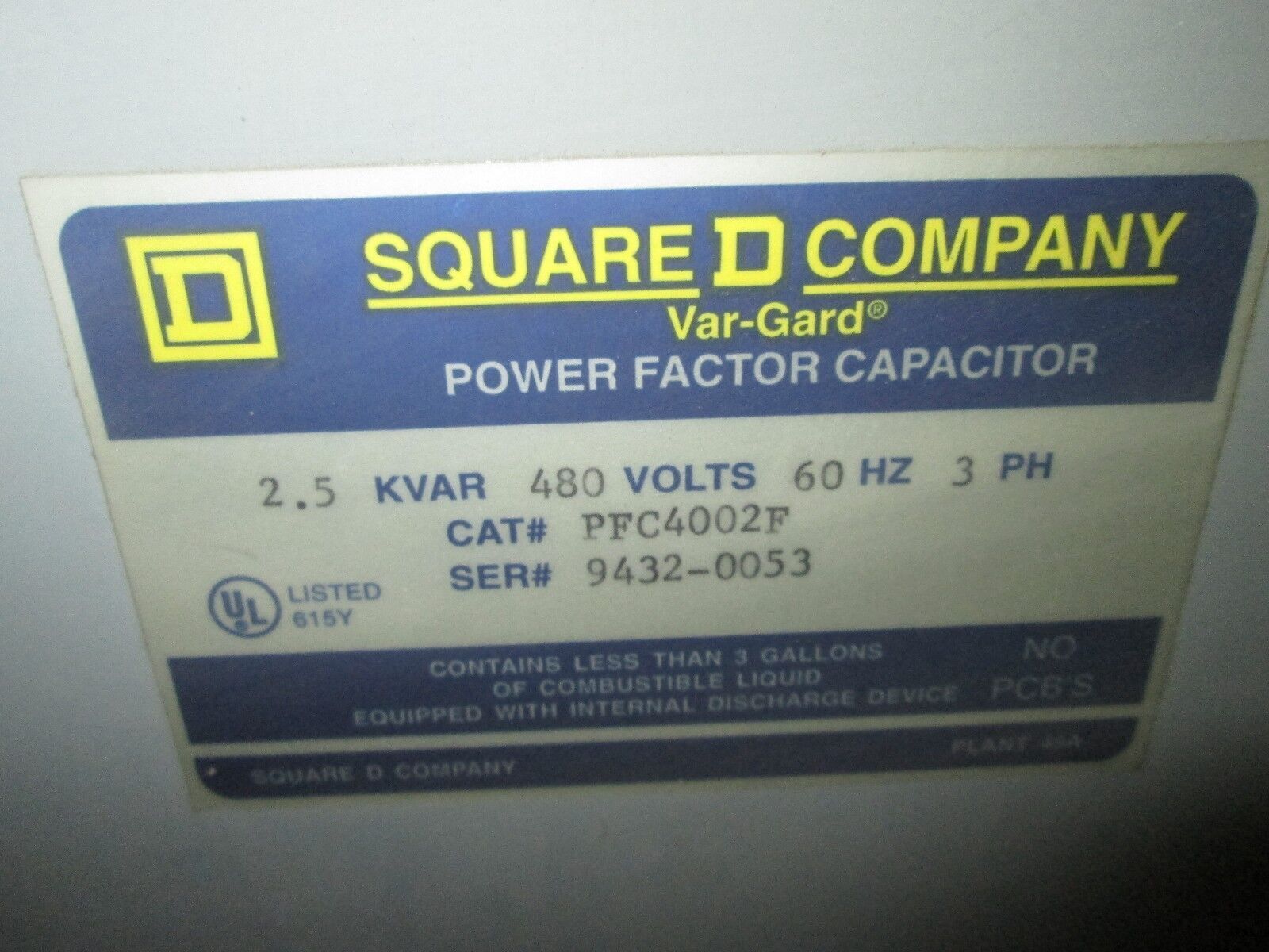 Square D Power Factor Capacitor PFC4002F 2.5KVAR 480V 3Ph Used