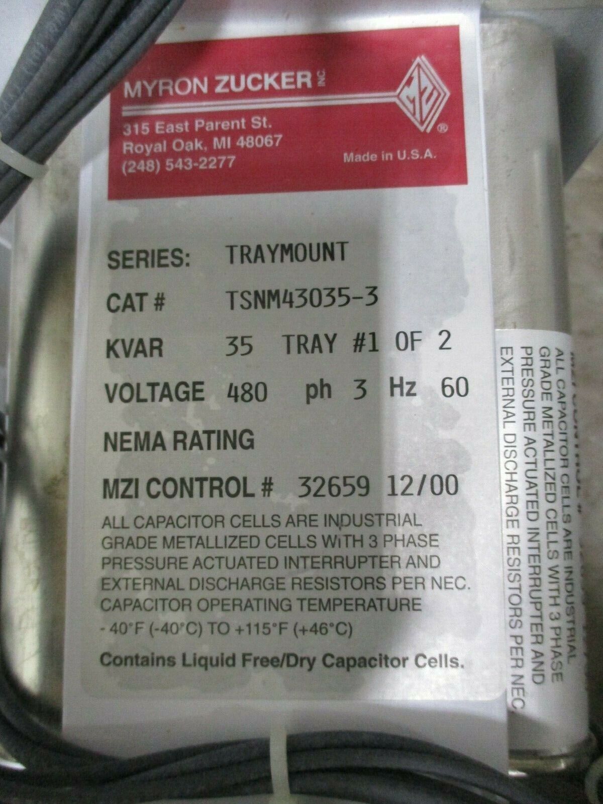 Myron Zucker Trymount Capacitor TSNM43035-3 35KVAR 480V 3Ph 60Hz *Double Tray*