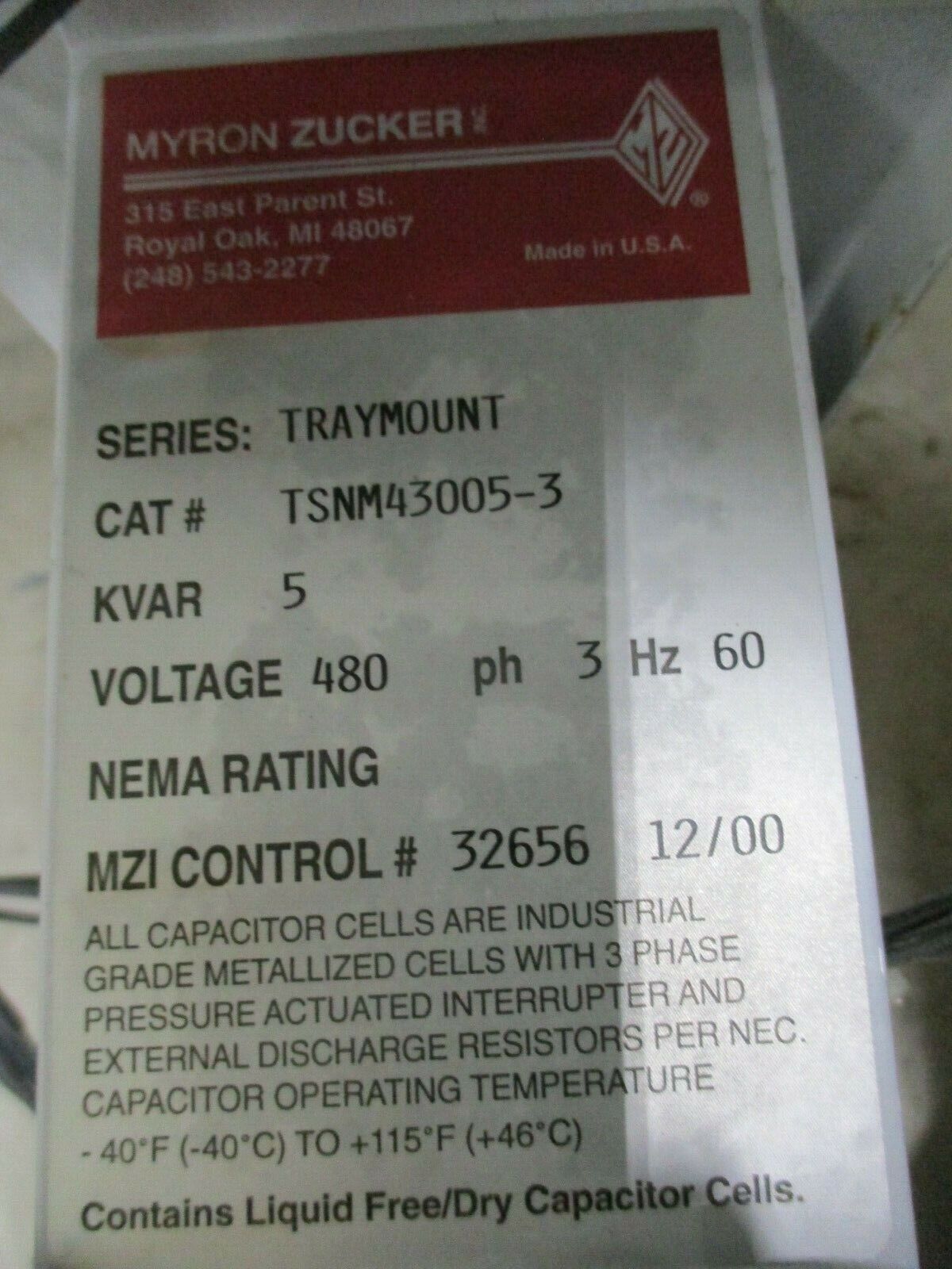Myron Zucker Trymount Capacitor TSNM43005-3 5KVAR 480V 3Ph 60Hz Used