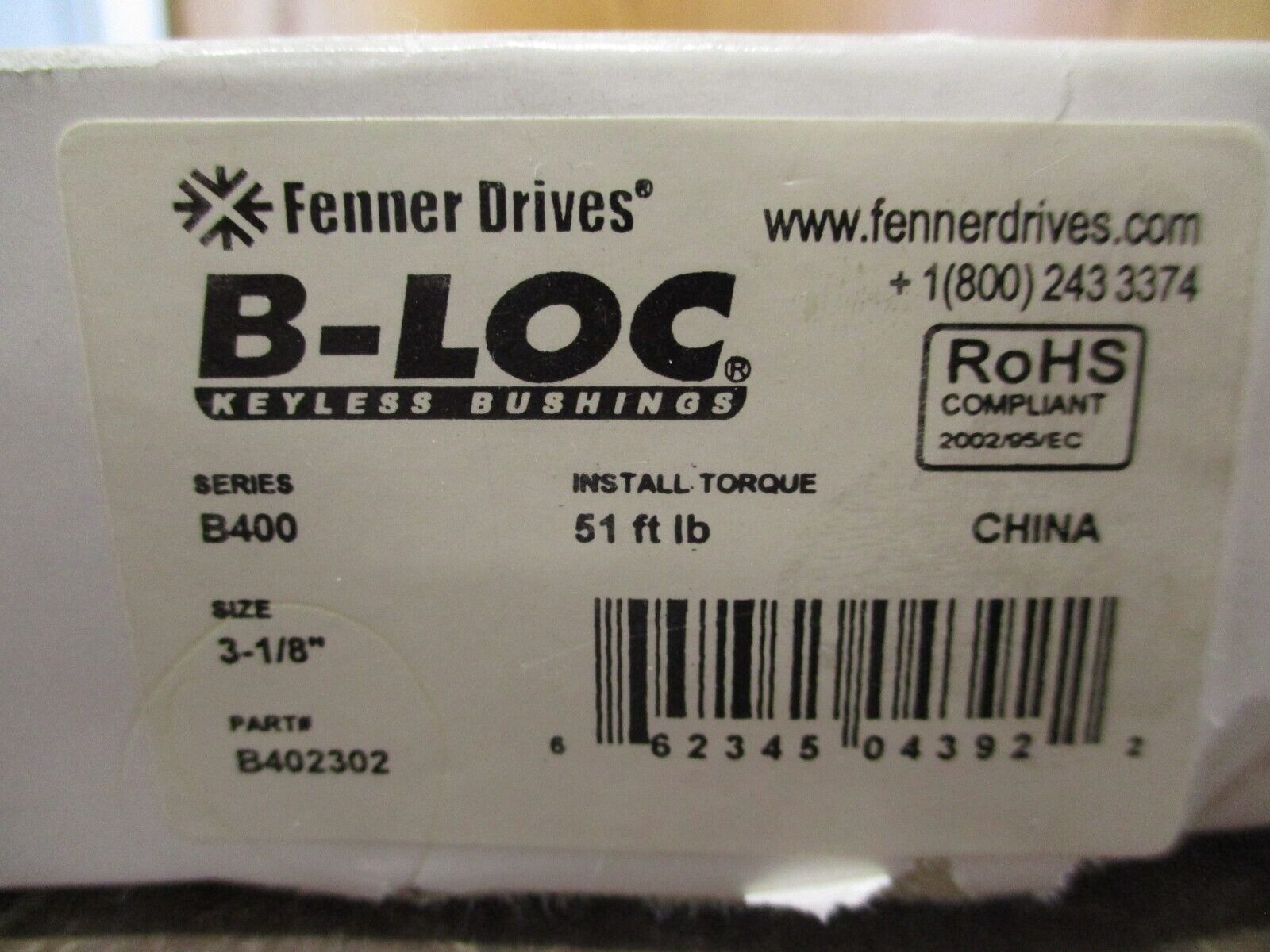 Fenner Drives Series B400 B-Loc Keyless Bushing B402302 Size: 3 1/8" New Surplus