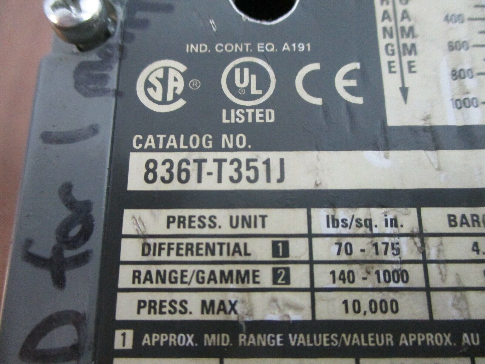 Allen-Bradley Pressure Control 836T-T351J Ser. A Diff: 70-175PSI *No Light* Used