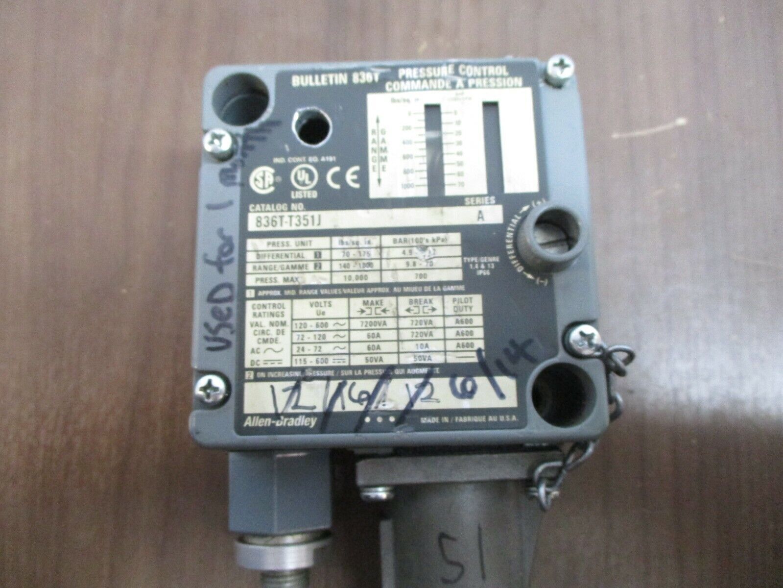 Allen-Bradley Pressure Control 836T-T351J Ser. A Diff: 70-175PSI *No Light* Used