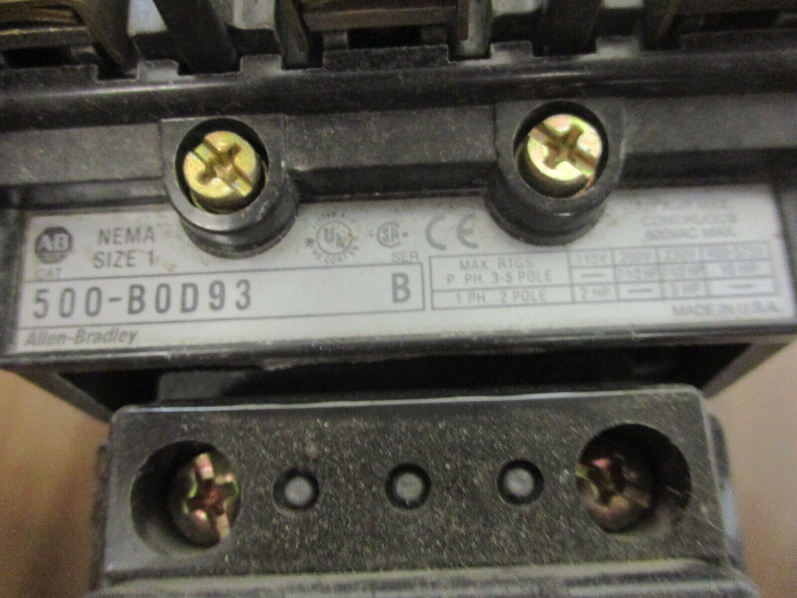 Allen-Bradley Size 1 Contactor 500-BOD93 Ser. B 115-120V Coil 27A 600V Used
