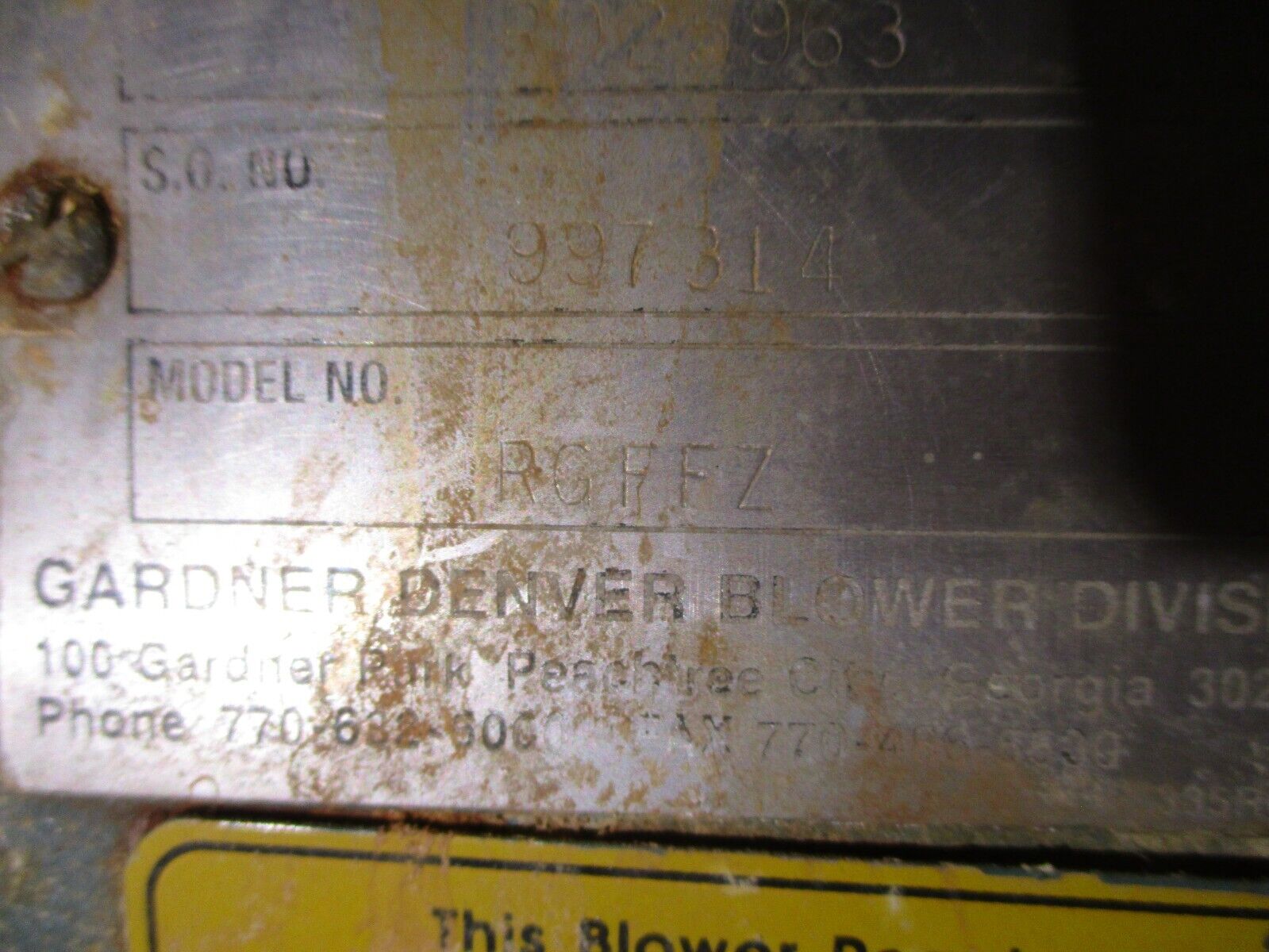 Gardner Denver Centrifugal Blower RGFFZ 200HP Motor 3600RPM 460V 447TS Frame