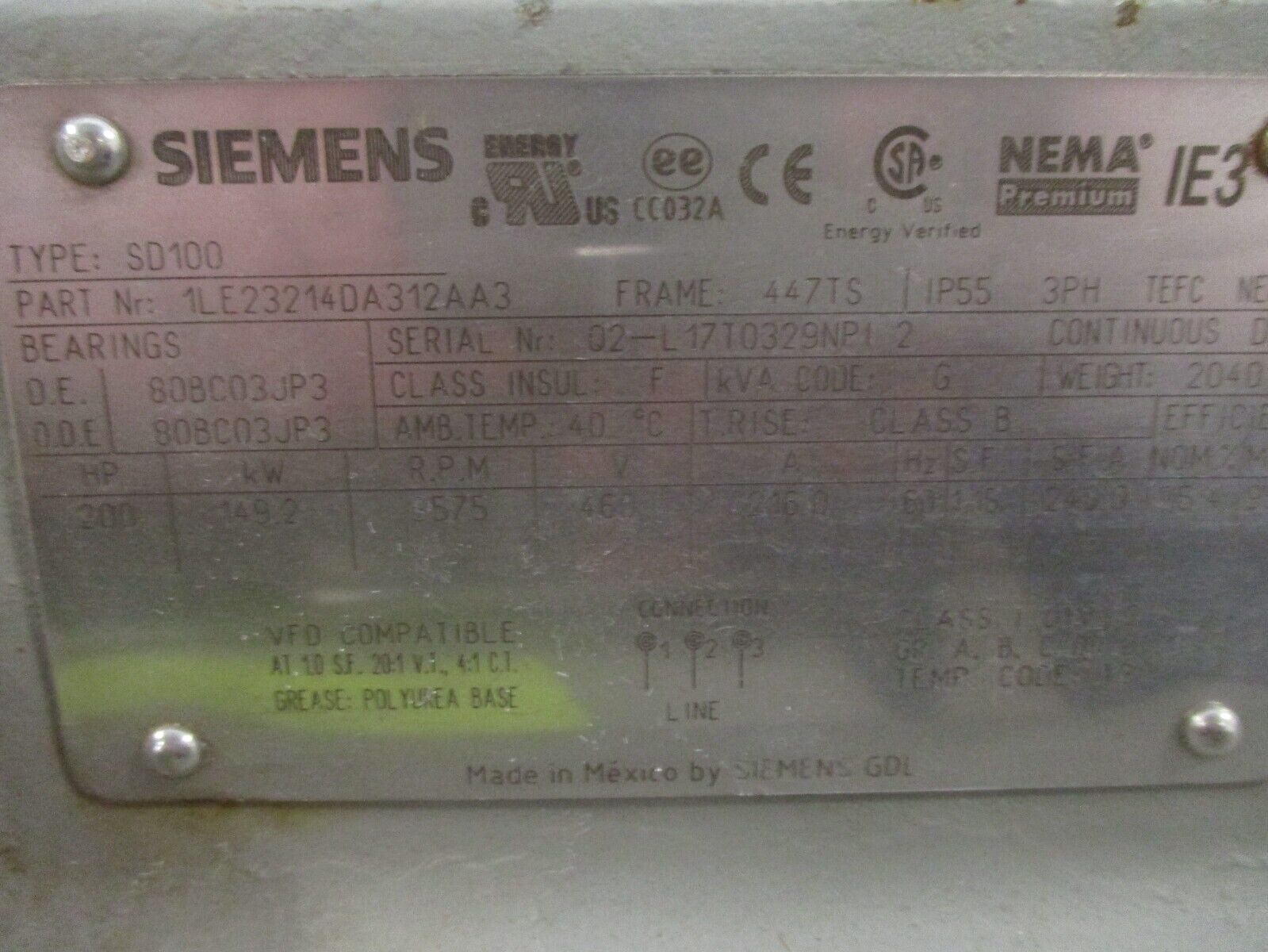 Gardner Denver Centrifugal Blower RGFFZ 200HP Motor 3600RPM 460V 447TS Frame