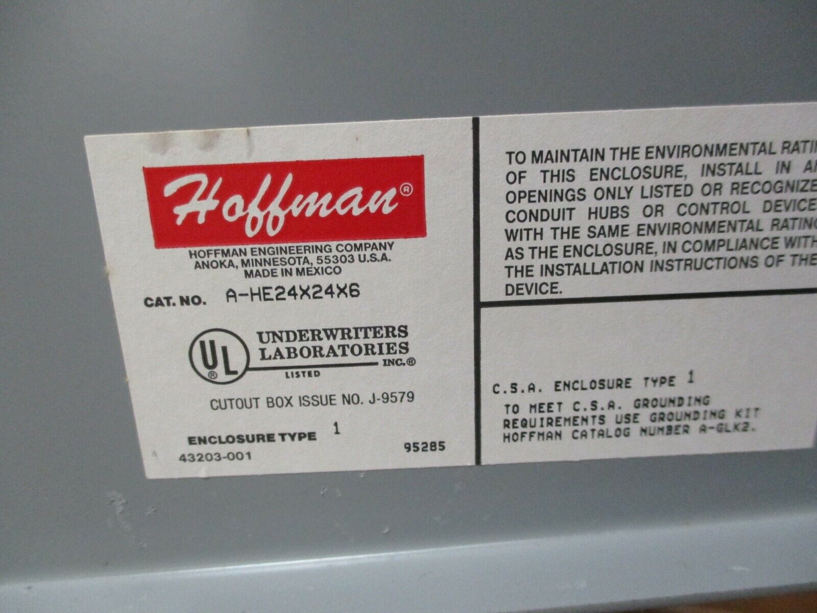 Hoffman Type 1 Enclosure A-HE24X24X6 Size:24x24x6" *Some Shelf Wear* New Surplus