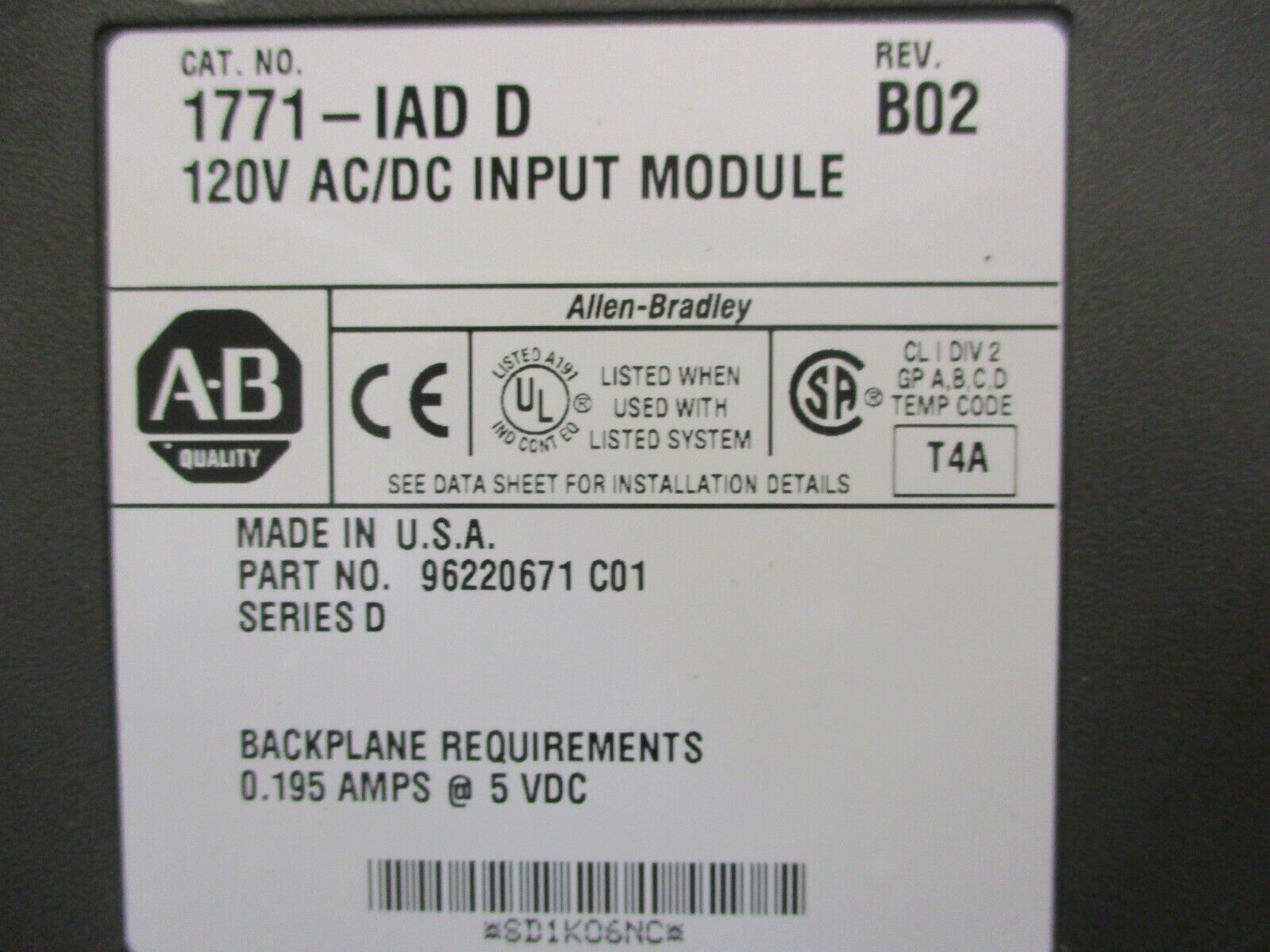 Allen-Bradley AC/DC Input Module 1771-IAD/D Rev. B02 120V Used