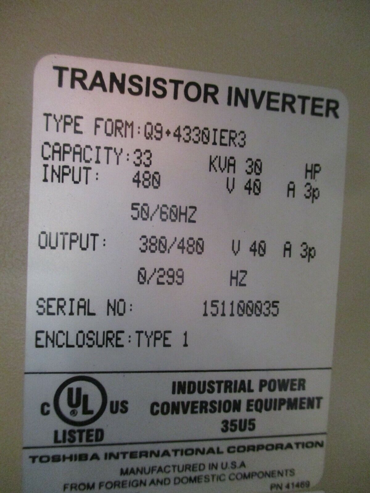 Toshiba Q9 Plus AC Drive Q9-4330IER3 30HP 3Ph w/ Keypad Used