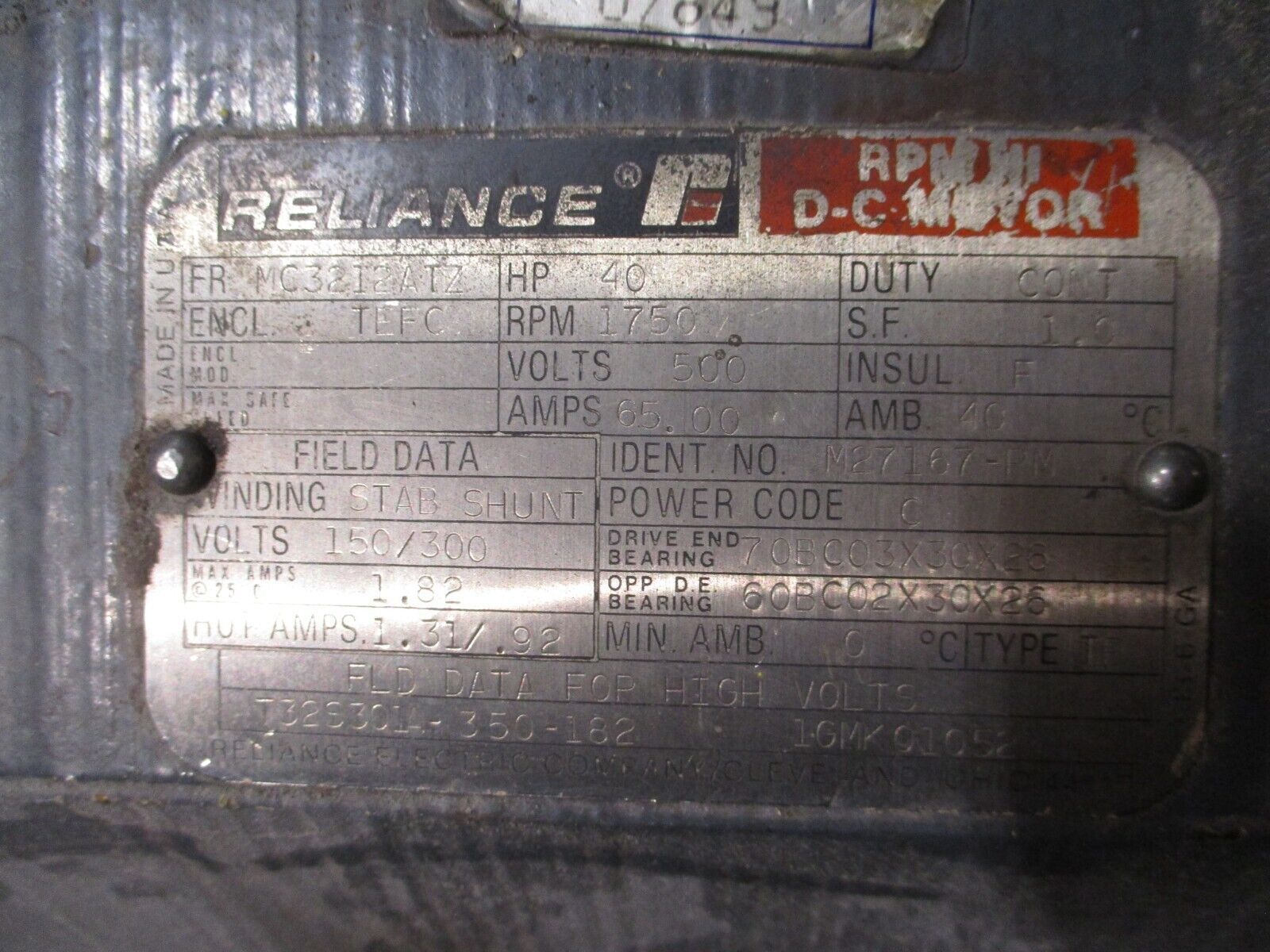 Reliance DC Motor 40HP 1800 500V 65A Used