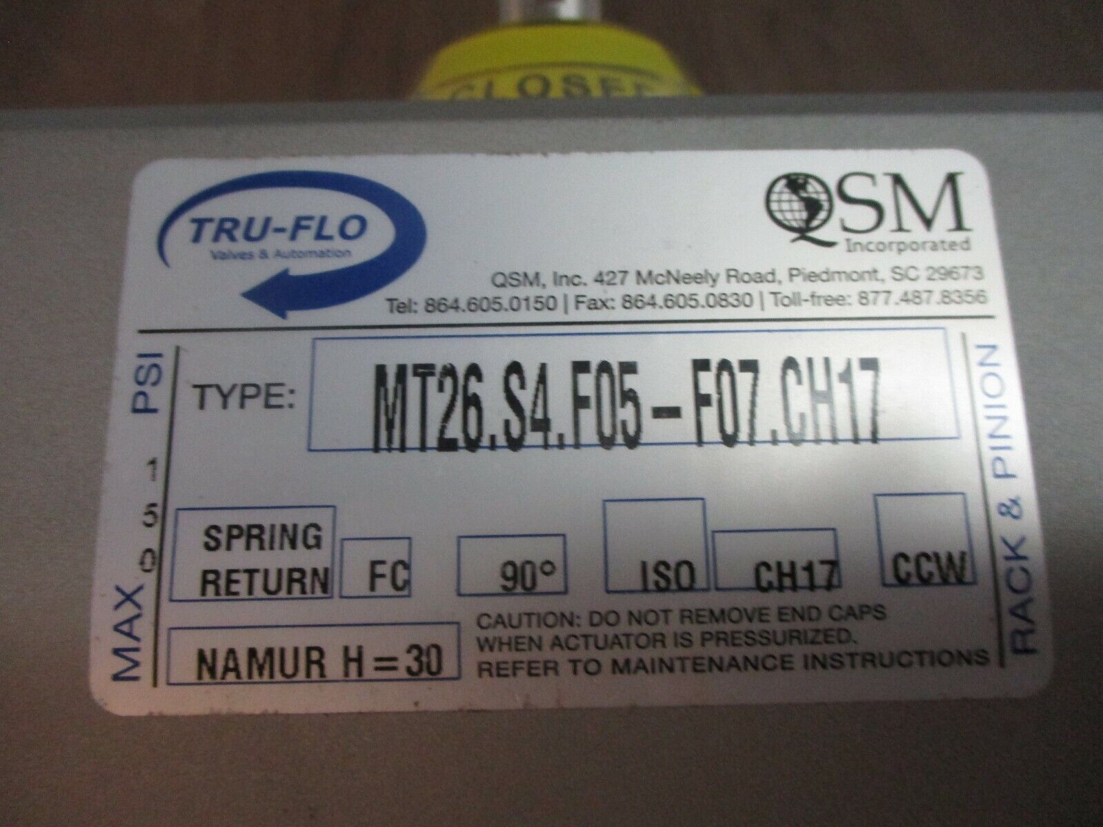 QSM Tru-Flo Actuated Valve MT26.S4.F05-F07.CH17 150PSI 90° Used