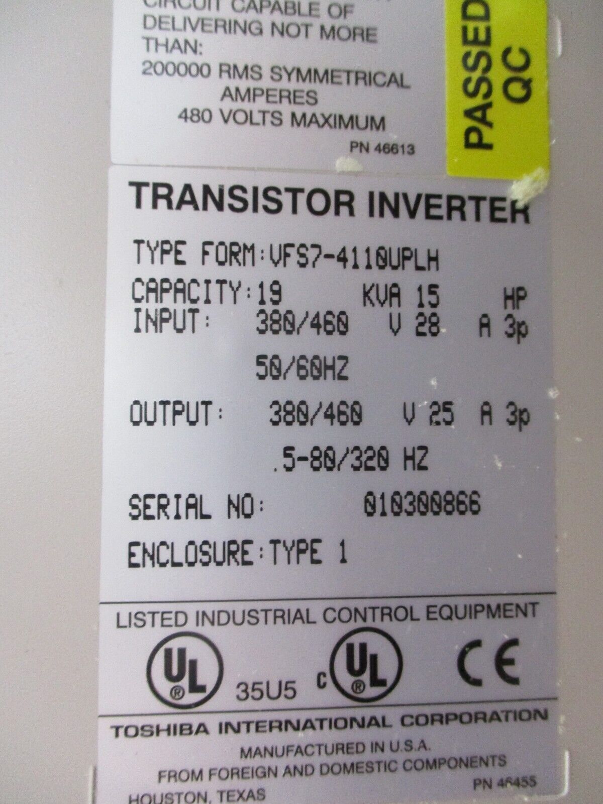 Toshiba AC Drive VFS7-4110UPLH 15HP 3Ph New Surplus