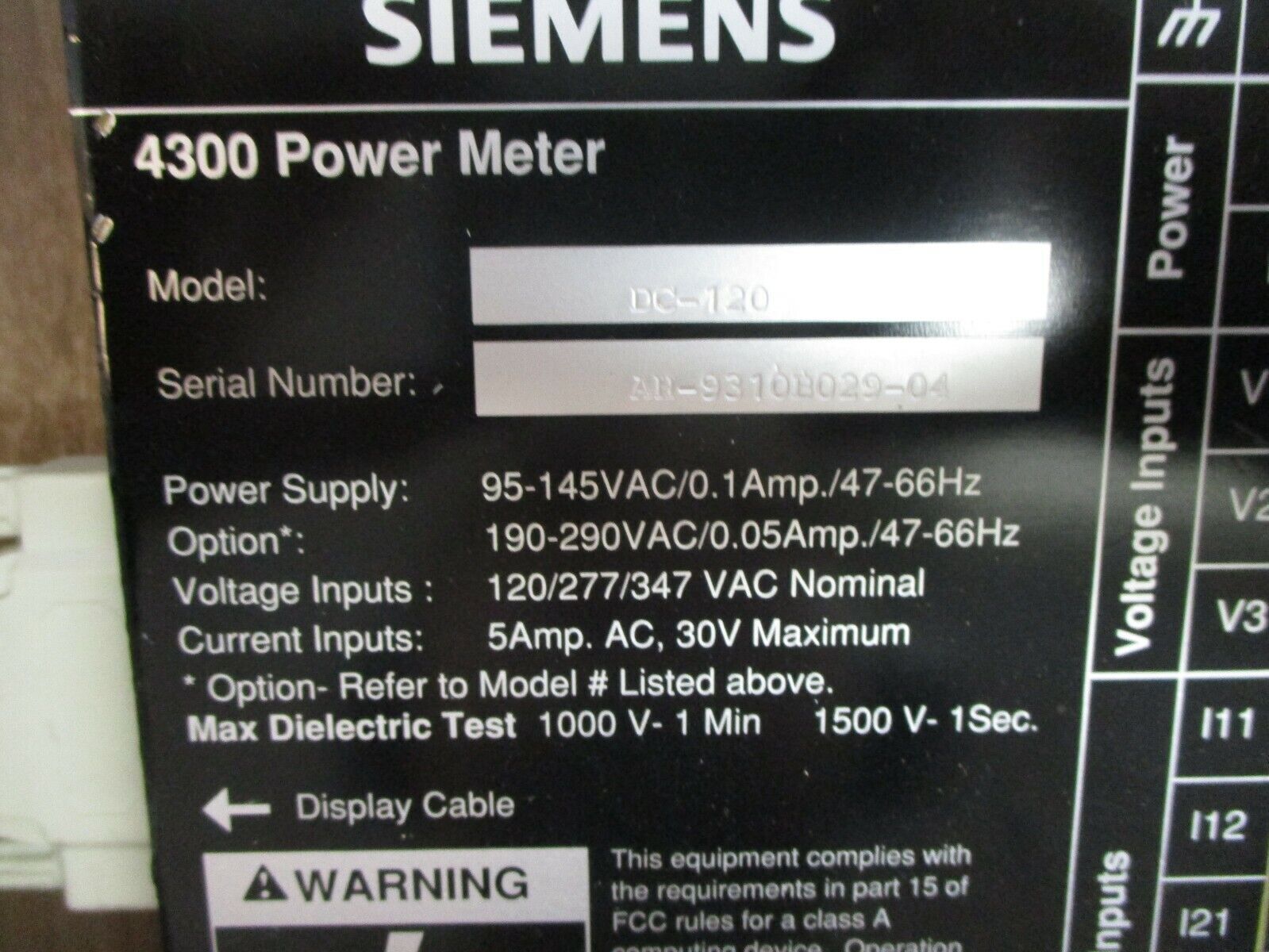 Siemens 4300 Power Meter DC-120 Power Supply: 108-132V 0.25A 47-66Hz w/ Cable