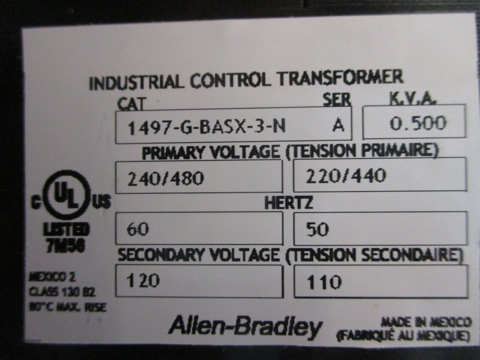 Allen-Bradley Control Transformer 1497-G-BASX-3-N Ser. A 0.500kVA Pri: 240/480V