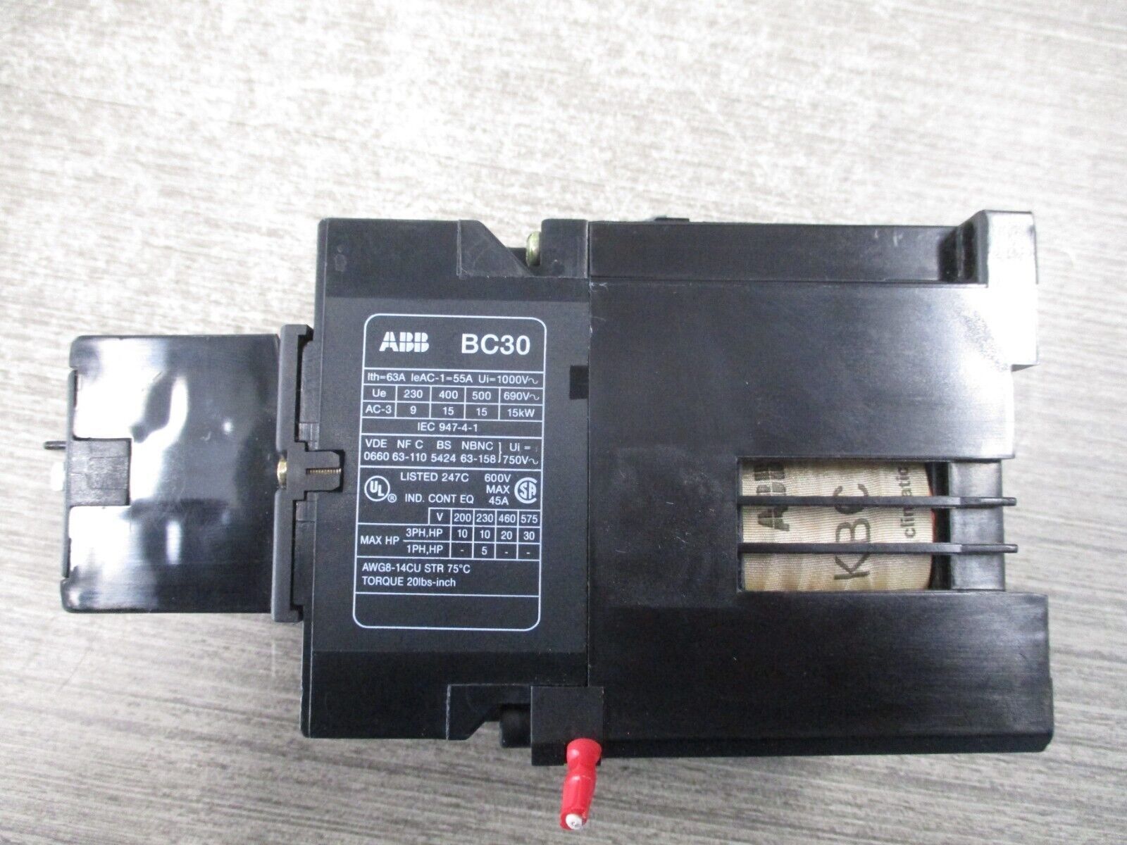 ABB Contactor BC30C 24VDC COIL 45A 600V W/ Aux Contact Block Used