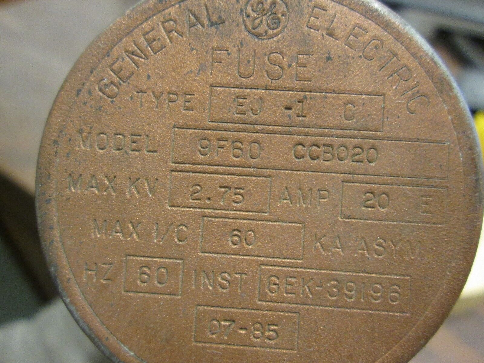 GE Type EJ-1 C Fuse 9F60 CCB020 20E Amps 2.75KV Used