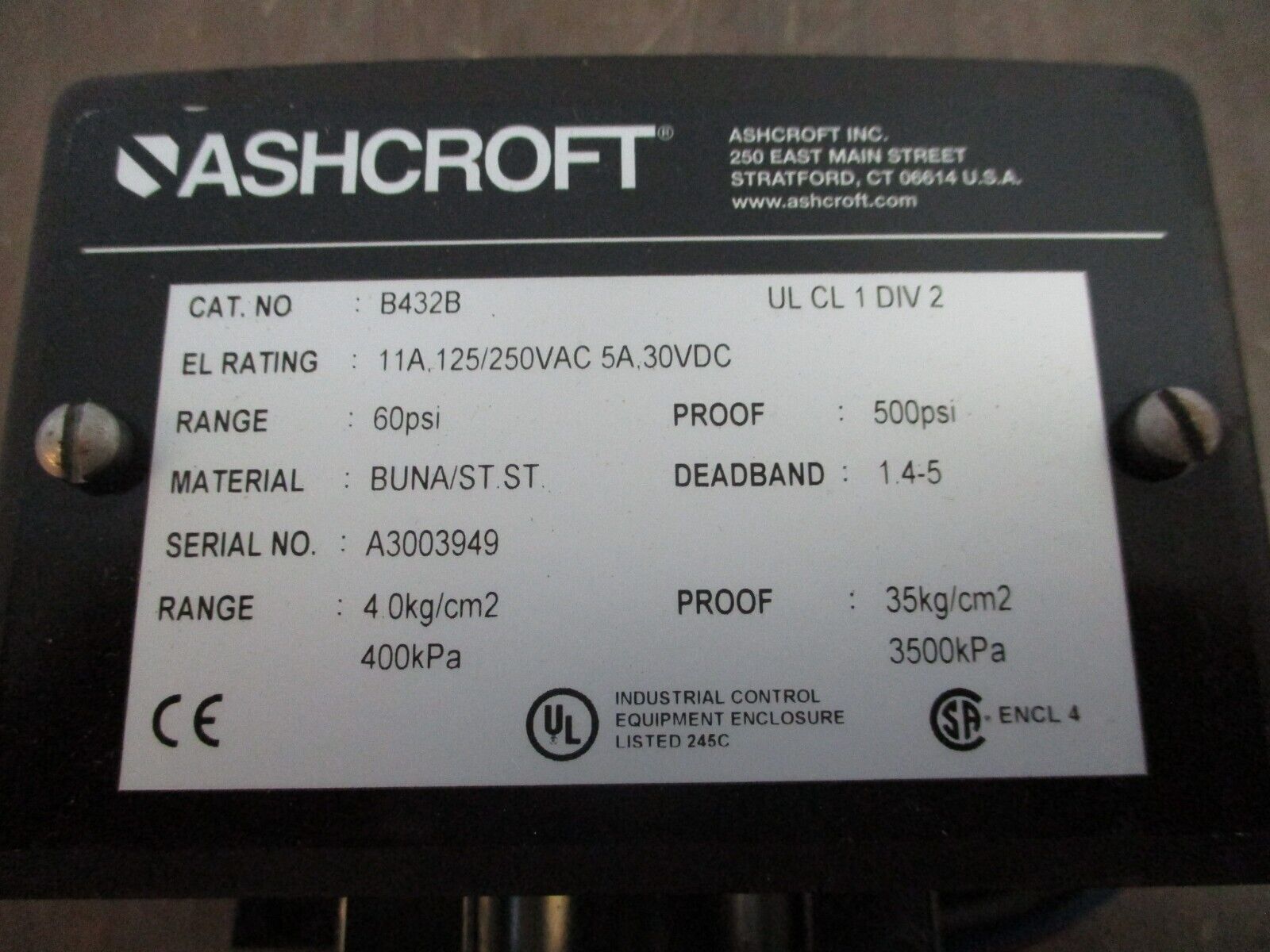 Ashcroft Pressure Switch B432B Range: 60PSI 11A @ 125/250VAC 5A @ 30VDC