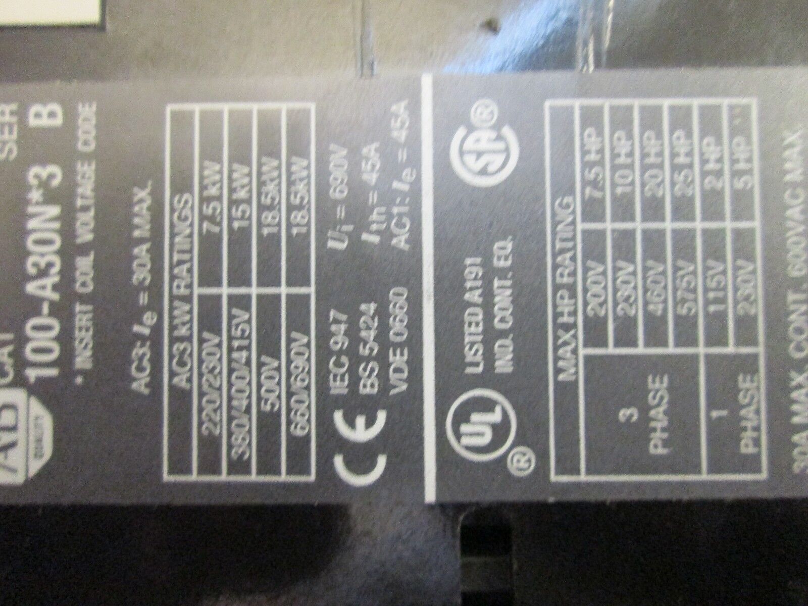 Allen-Bradley Contactor 100-A30N*3 Used