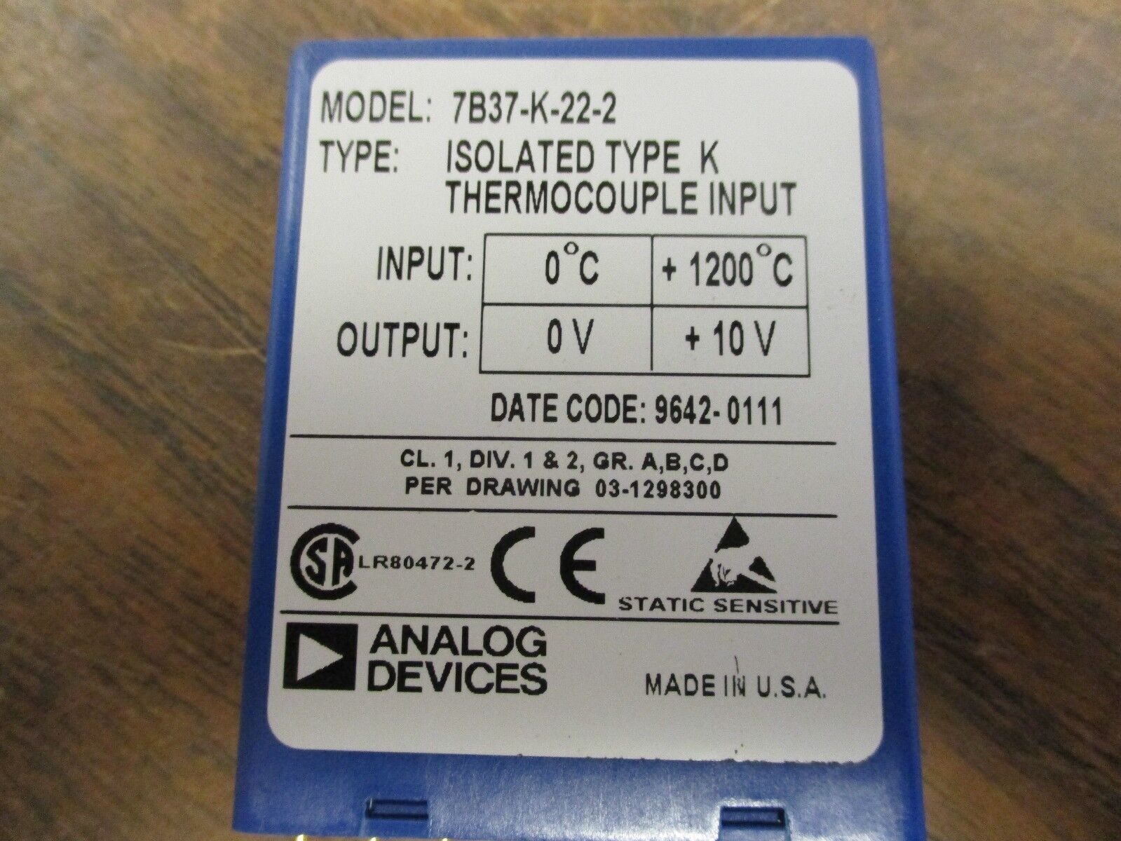 Analog Devices Isolated Type K Thermocouple Input Module 7B37-K-22-2 Used