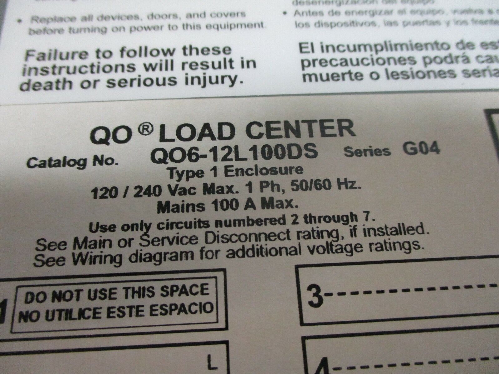 Square D QO Load Center QO6-12L100DS Ser. G04 100A 120/240V 1Ph 50/60Hz 6-Space
