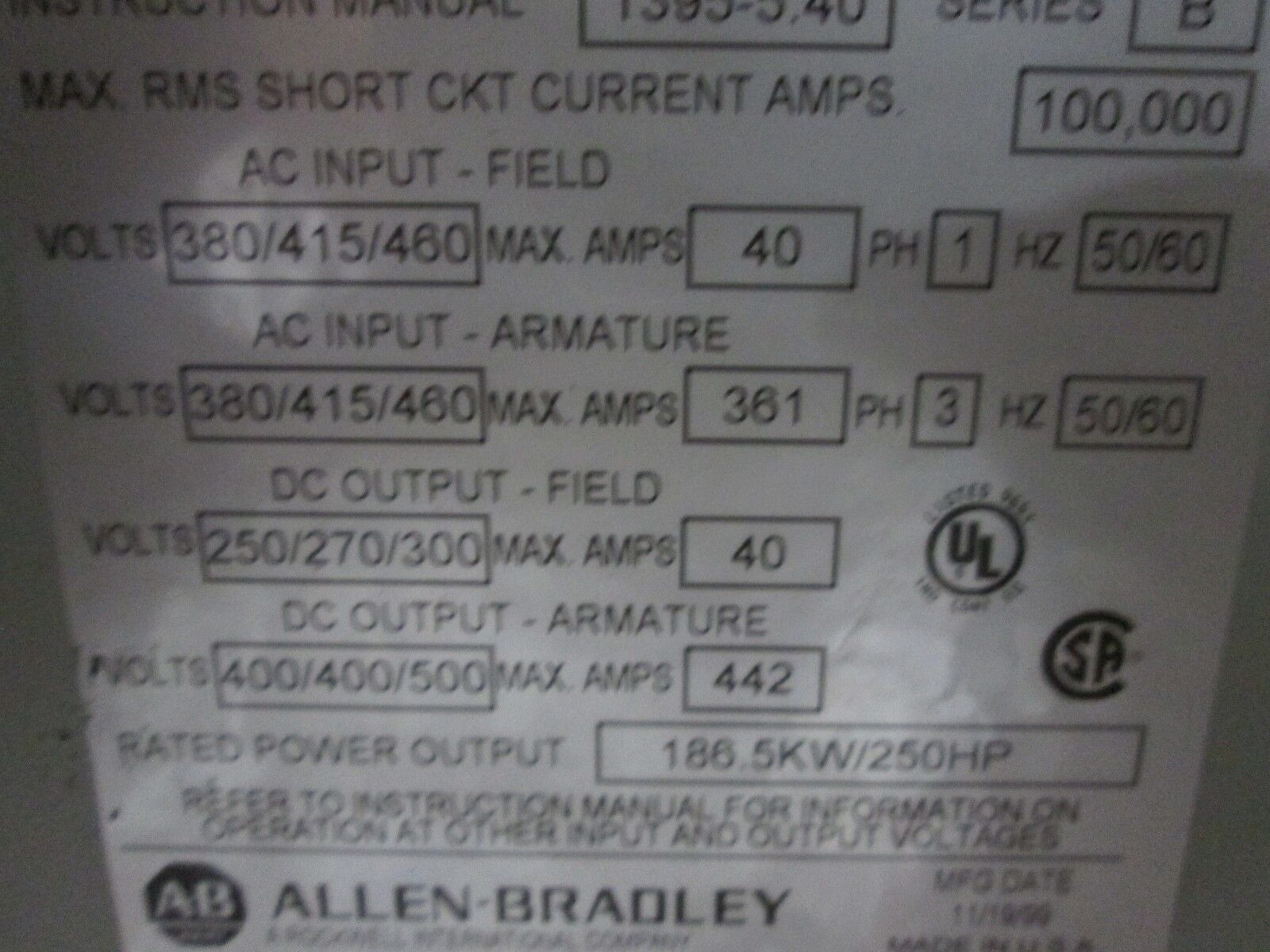 Allen-Bradley 1395 DC Drive 1395-B80N-E1-P30 250HP Used