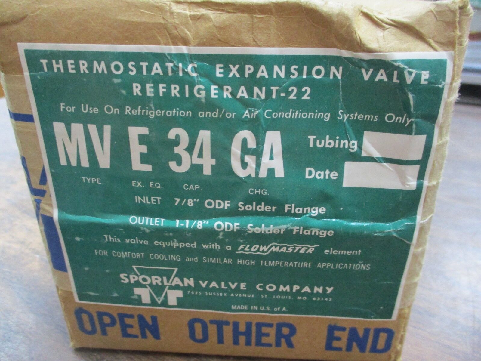 Sporlan Thermostatic Expansion Valve MVE-34-GA R-22 Inlet 7/8" New Surplus