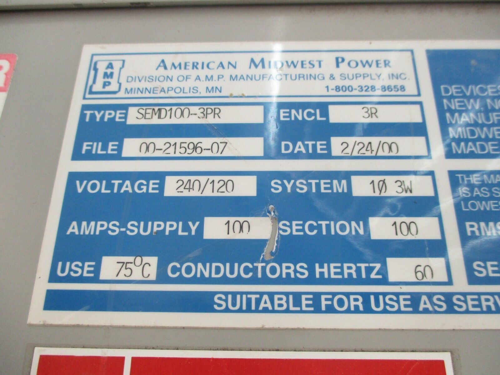 American Midwest Power 3R Breaker Panel/Service Entrance SEMD100-3PR 120/240V 3W