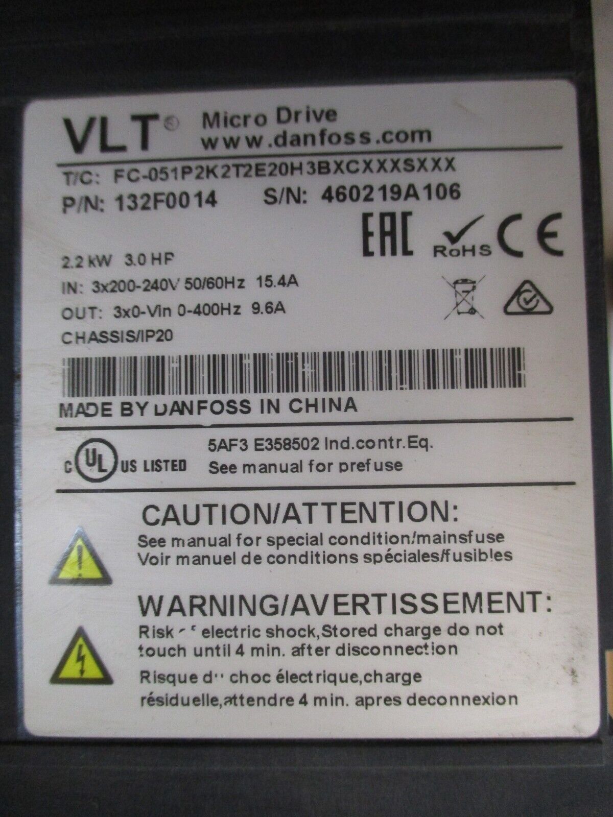 Danfoss VLT AC Drive 132F0014 3HP 3Ph w/ Keypad Used